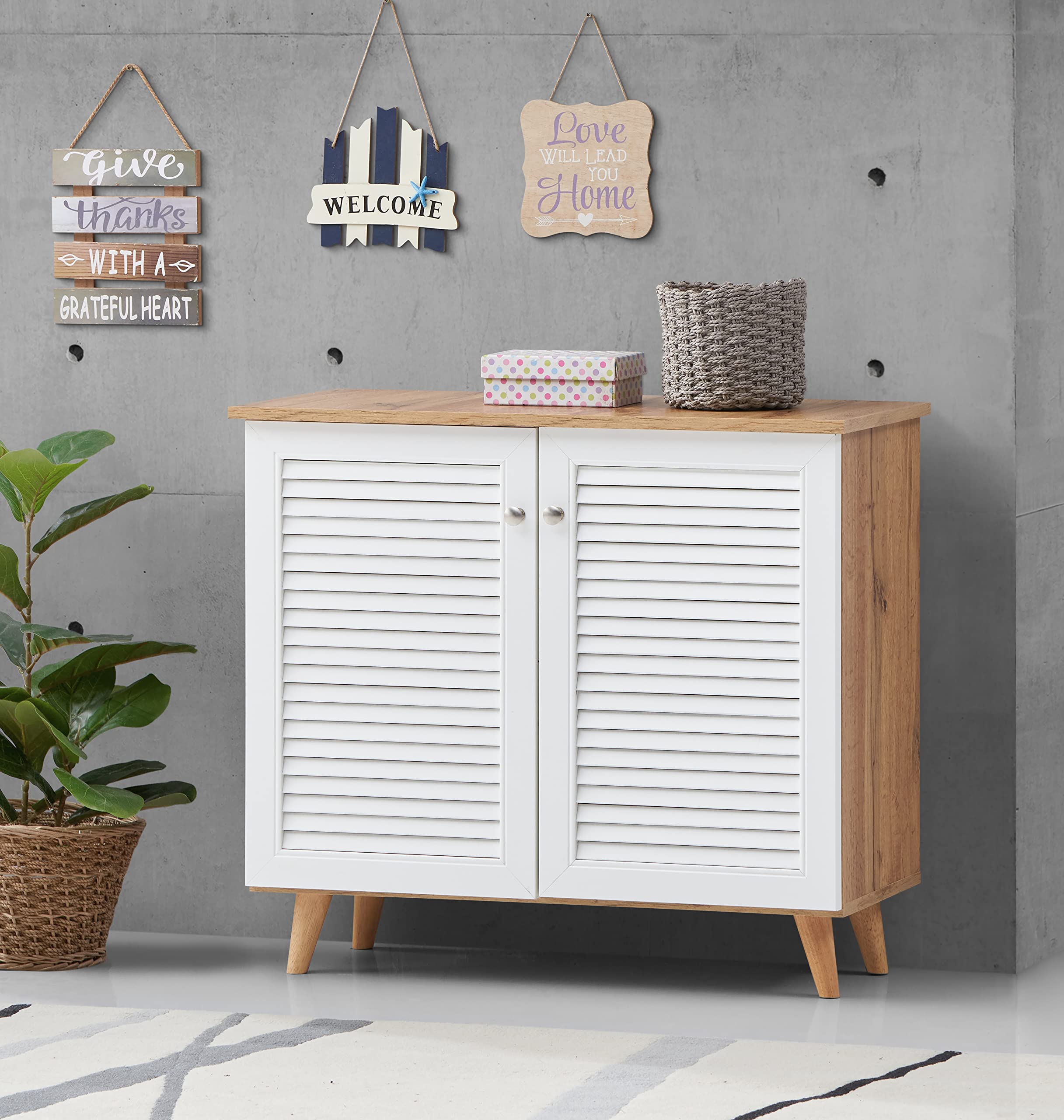 Deckup Plank Noordin 2Door Engineered Wood Shoe Rack (Wotan Oak And White, Matte Finish)