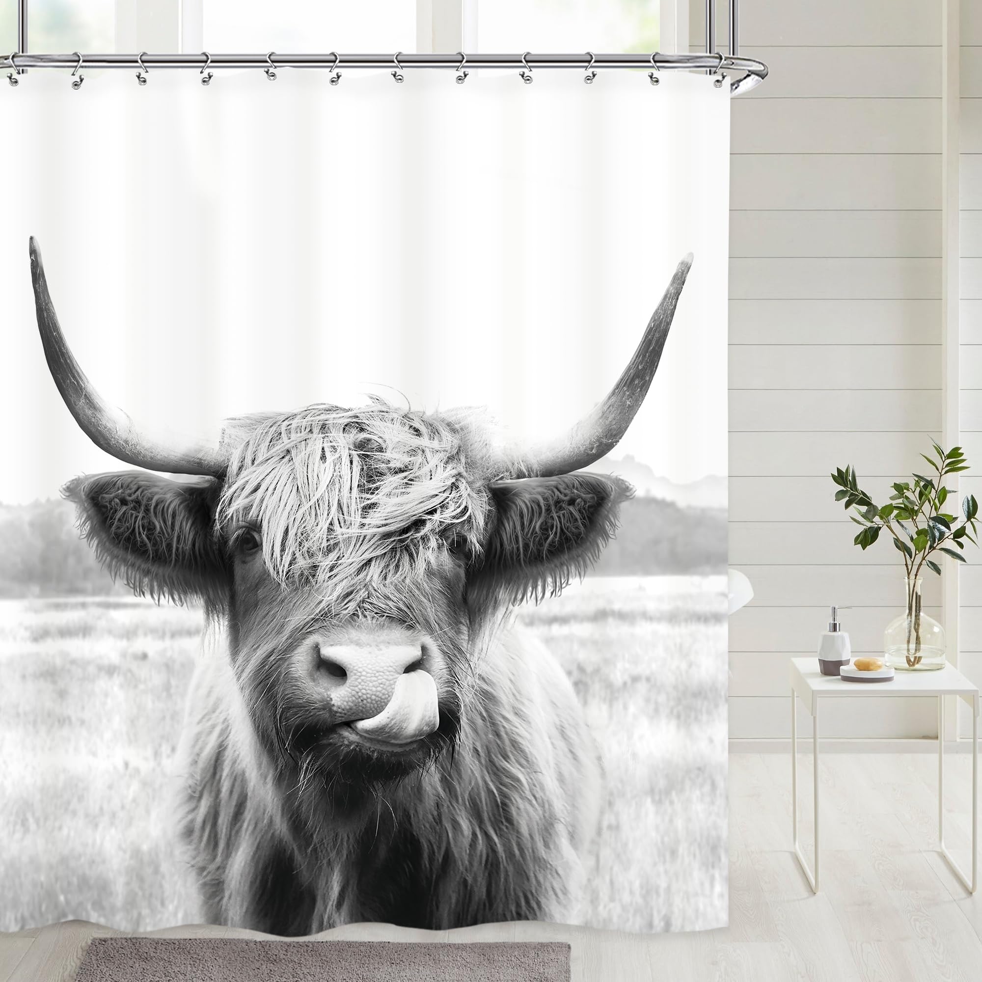 Riyidecor Farmouse Highland Cow Shower Curtain 60Wx72H Inch Western Wildlife Portrait Bull Animal Funny Country 12 Pack Plastic
