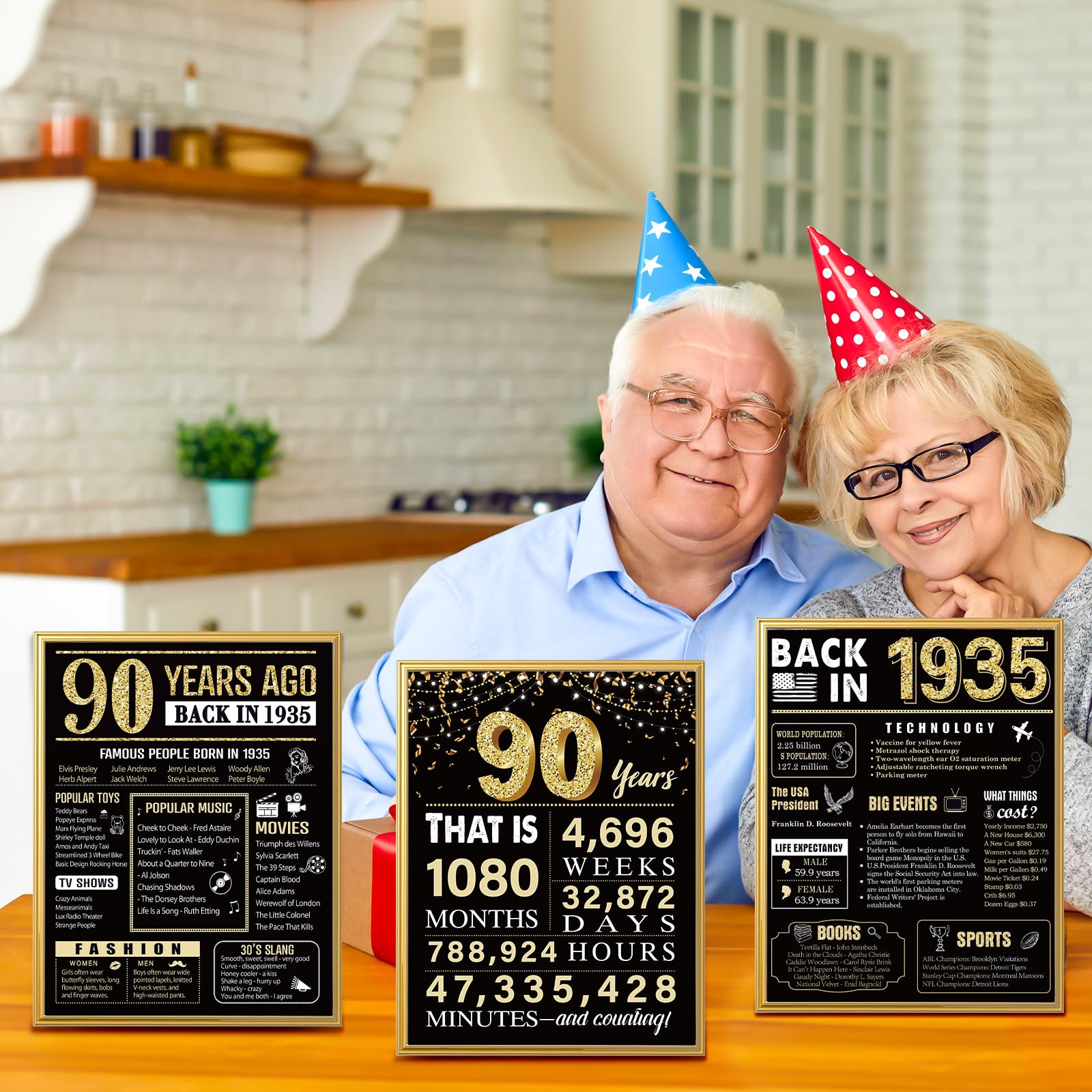 90 Years Ago 90th Birthday Wedding Anniversary Poster 3 Pieces 11 x 14 30s Party Decorations Supplies Large Sign Home Decor Black & Gold Wall Art Prints for Men and Women (Back in 1934-90 Years)