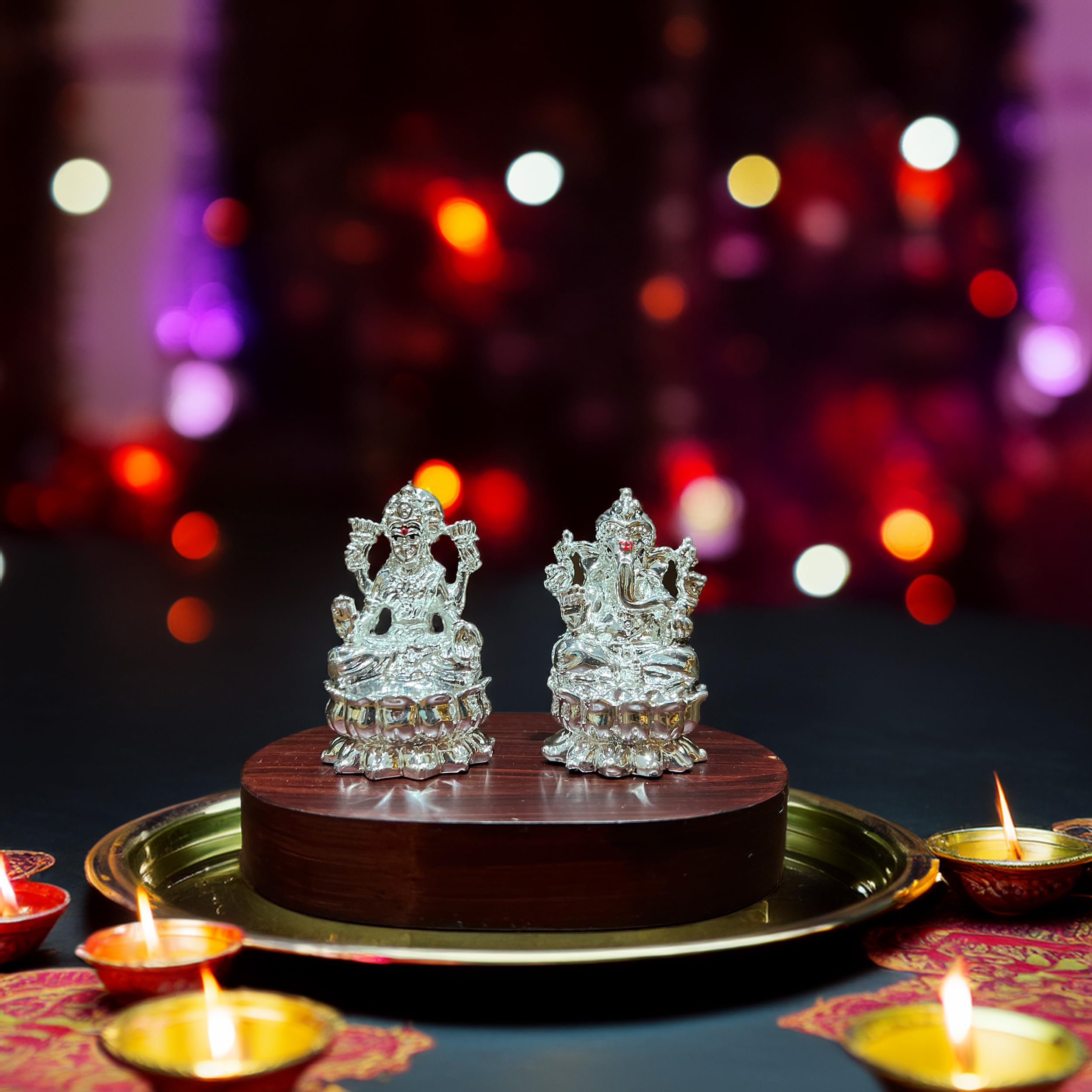 Idolkart 999 Silver Plated Ganesh Lakshmi Murti On A Wooden Base | Small Size (3 Inch) | Ganesh Laxmi Idol For Diwali Puja, Gift