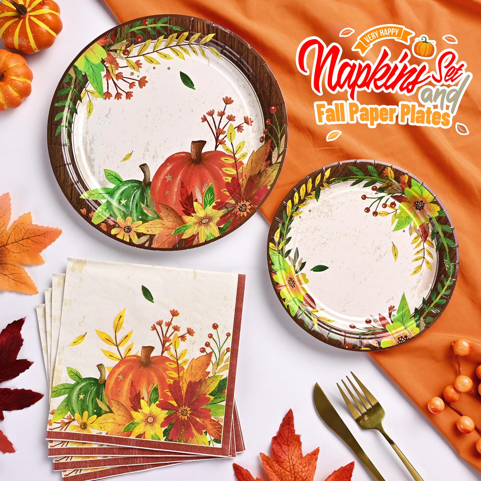 Homlouue 200 Pcs Fall Paper Plates and Napkins, Thanksgiving Plates and Napkins Sets, Fall Pumpkins Plate Disposable Party Suppl