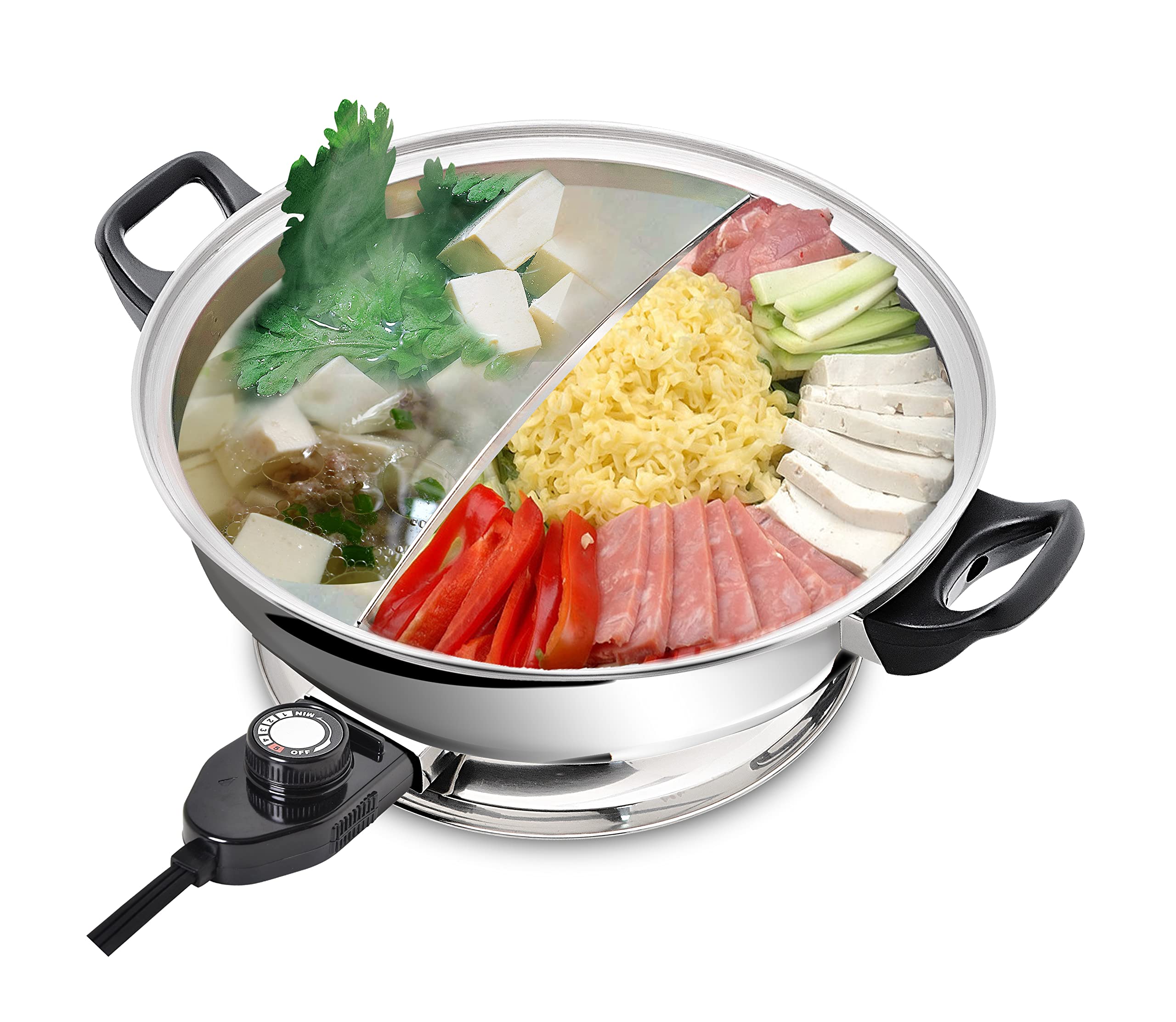 YONGXIN Electric Hot Pot JH160B30cm with Divider 304 Stainless Steel, 1400W DualSided Shabu Hot Pot, 4 Liters
