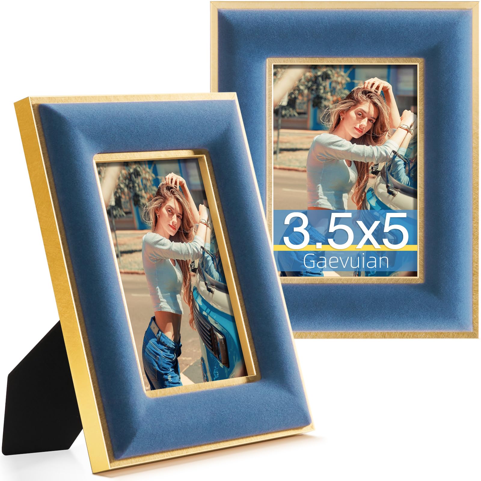KSROECUD 3.5x5 Velvet Picture Frame, Navy Blue Photo Frames with Modern Simple Metallic Gold Border, HD Real Glass Horizontal & 