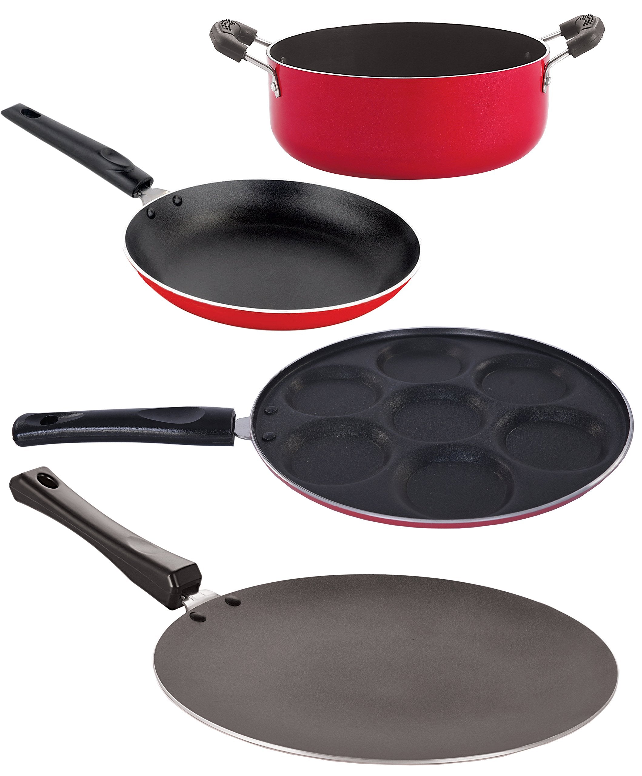 Nirlon NonStick Aluminum Cookware Set, 4Piece, Red And Black (2.6Mm_Ct_Tp_Up_Cass20)