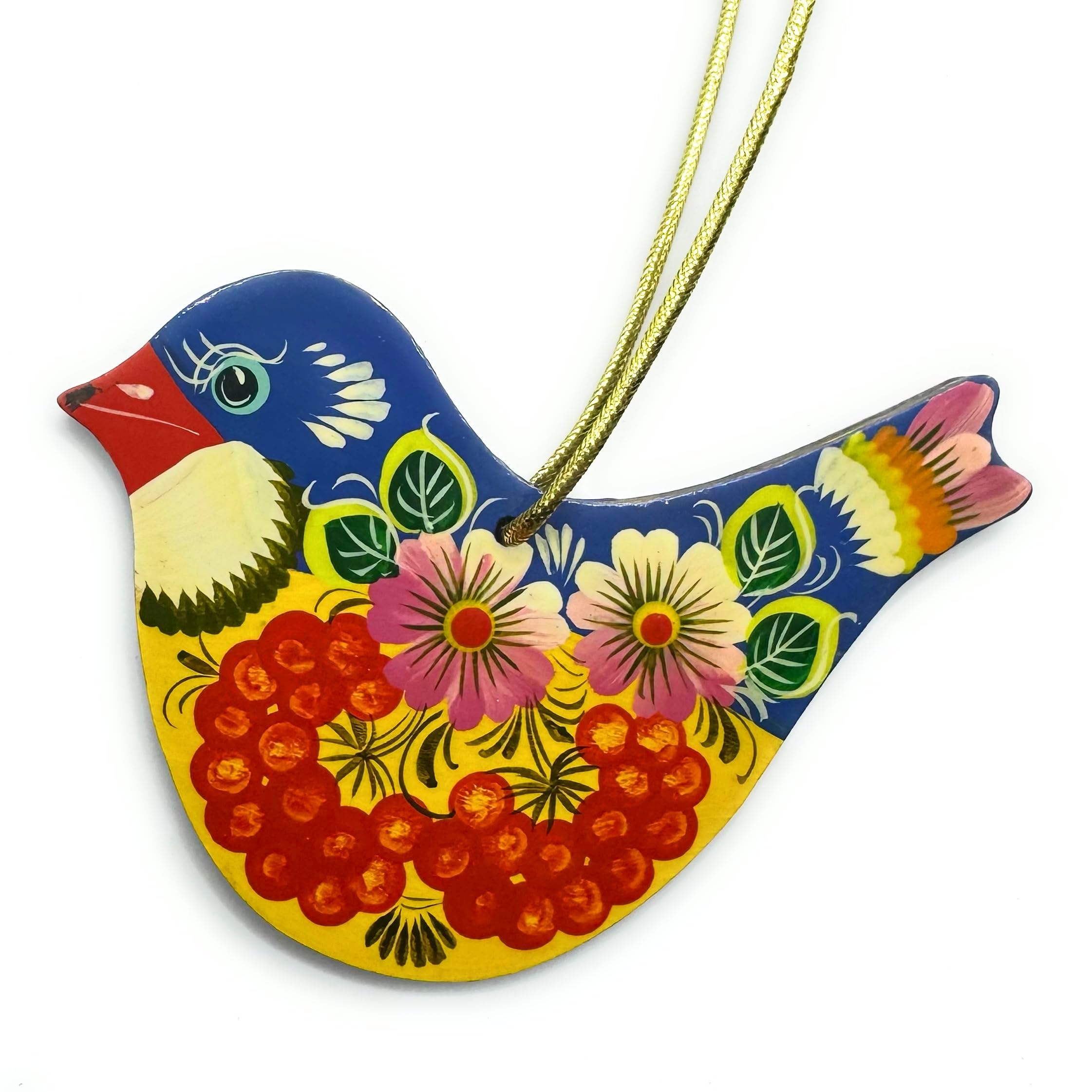 Bird Ornament 4,3 x 3,3 x 0,2 inch. Wooden Beautiful with Flowers Hand-Painted on Both Sides Christmas Tree and Easter Birds Dec