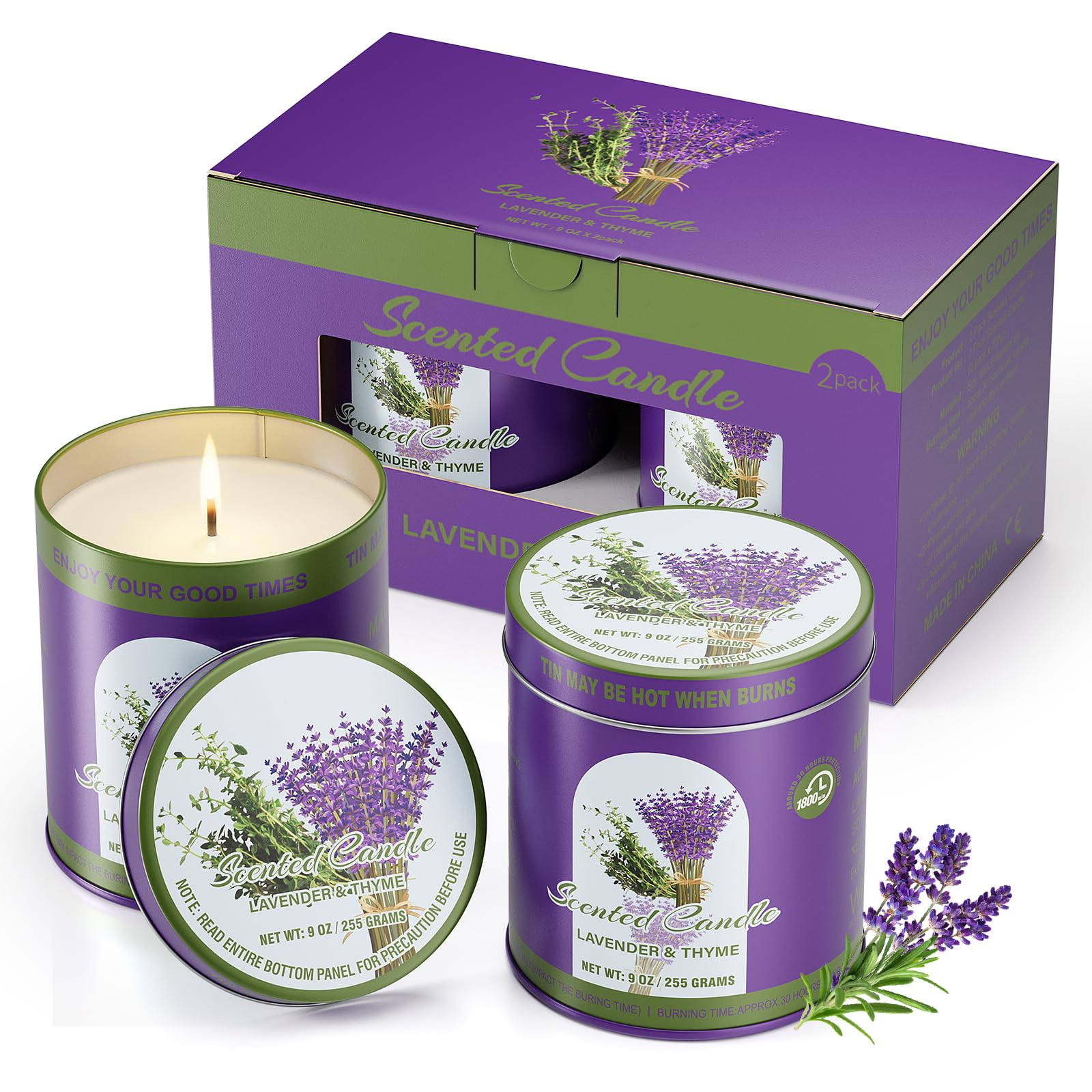 2 Pack Scented Candles (90 Total Burn Hours) - Soy Wax Candles 9 oz Each in Tin - Long Lasting Aromatherapy Candle Gift Set (Lav