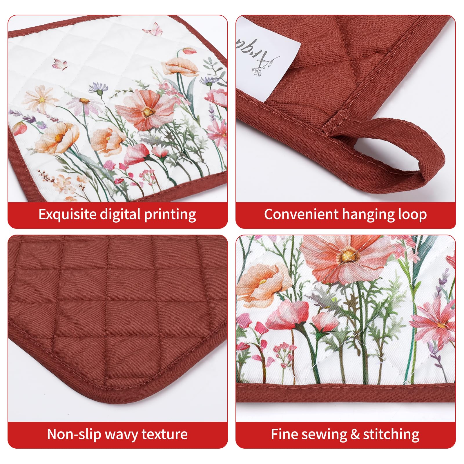 Arquiel Pink Floral Oven Mitts And Pot Holders Sets 2Pcs, 100% Cotton Heat Resistant, Extra Long Oven Gloves Potholder For Kitch