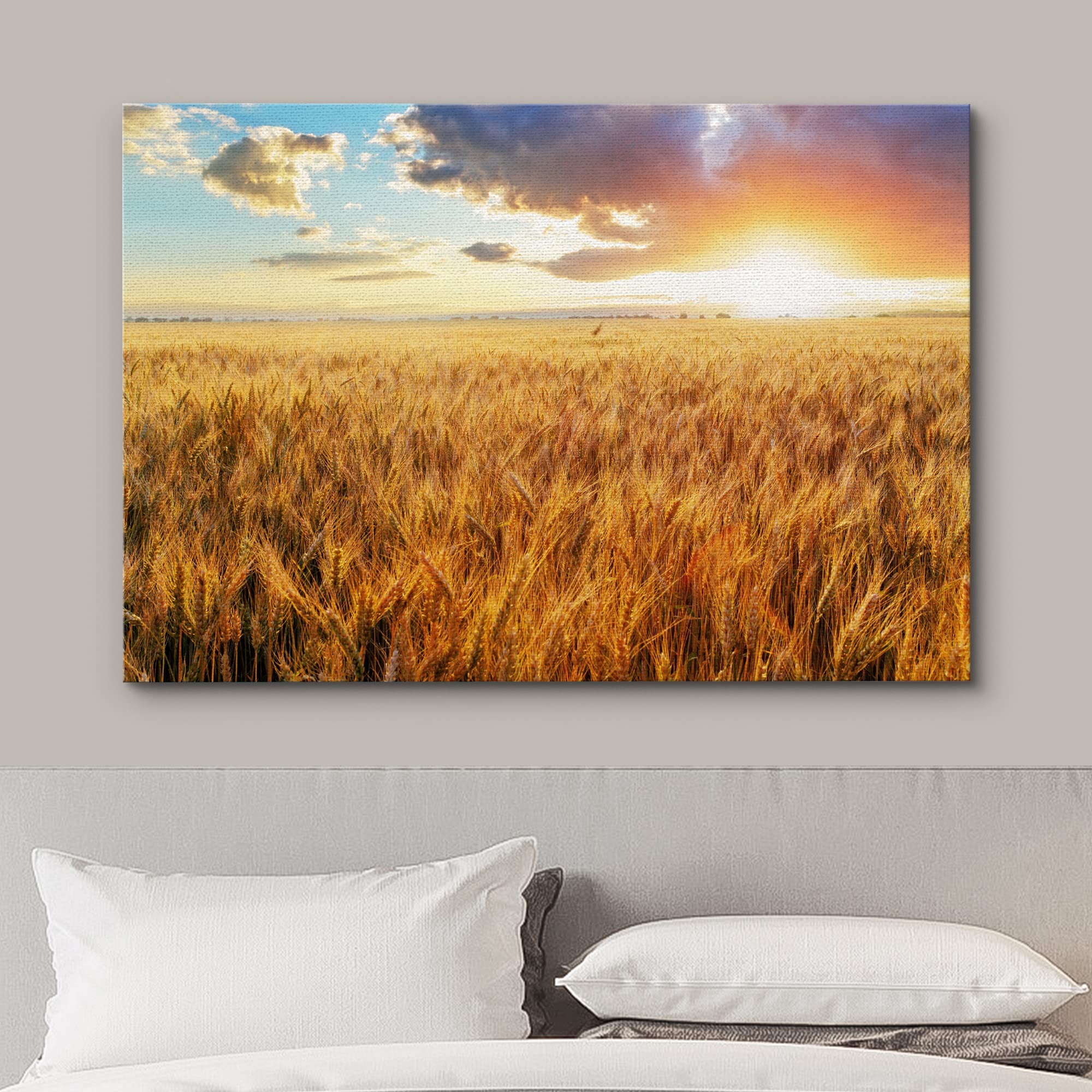 Canvas Prints Wall Art - Beautiful Scenery/Landscape Sunset Over Wheat Field | Modern Home Deoration/Wall Art Giclee Printing Wr