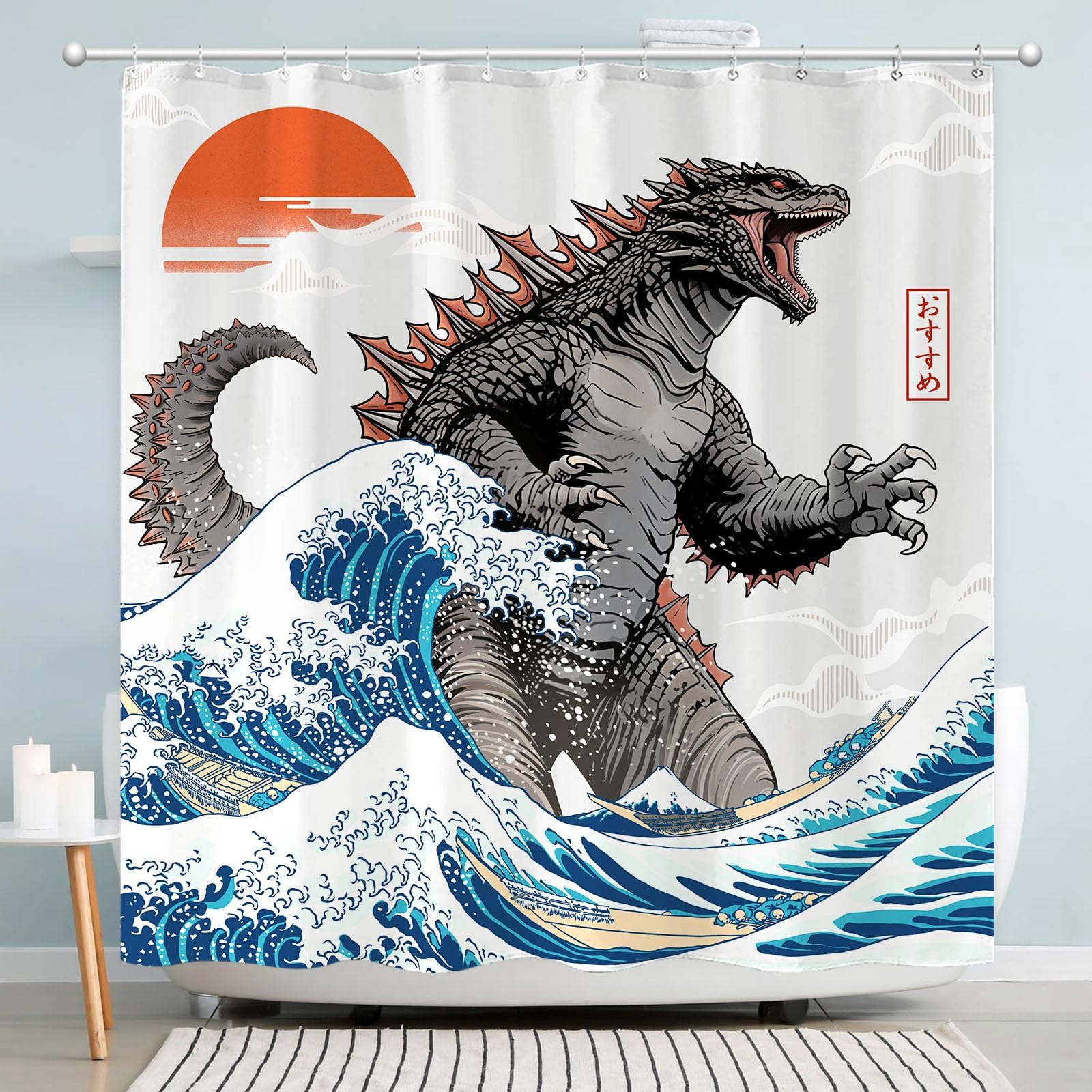 Wegklazax Dinosaur Shower Curtain, 72"x72", Polyester, Japanese Monster, Includes 12 Hooks, Funny Ocean Wave Design