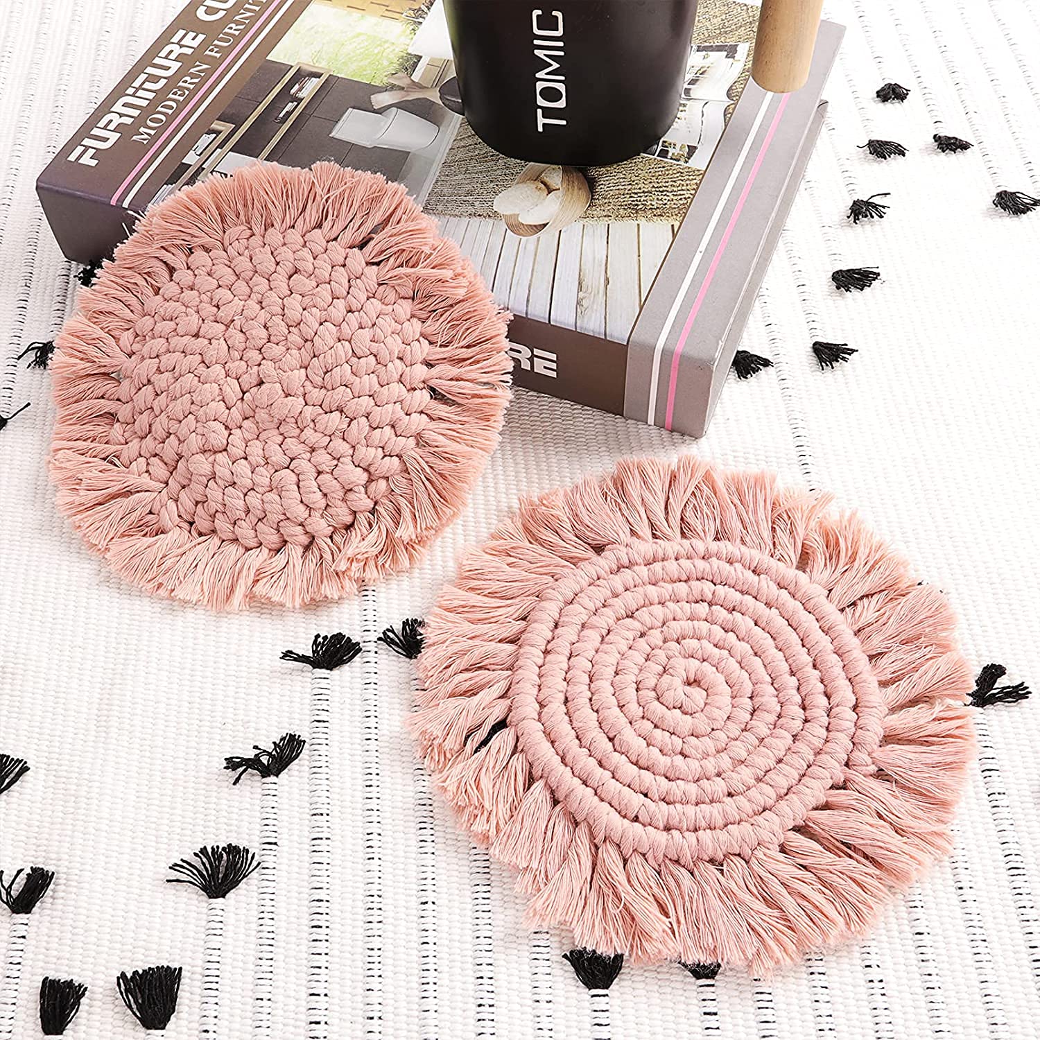 2 Pcs Coasters For Drinks, Boho Coasters,Macrame Coasters With Tassels,Table Decor Bohemian Braided Coasters,Coaster Set For Hom