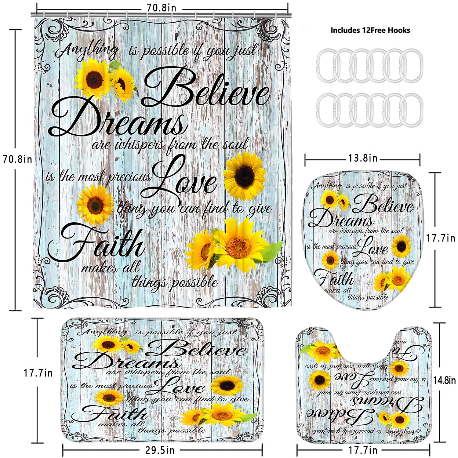 Azhm 4Pcs Farmhouse Shower Curtain Sets Sunflower Bathroom Decor Set Inspirational Quotes Bathroom Curtain Shower Set With Rugs