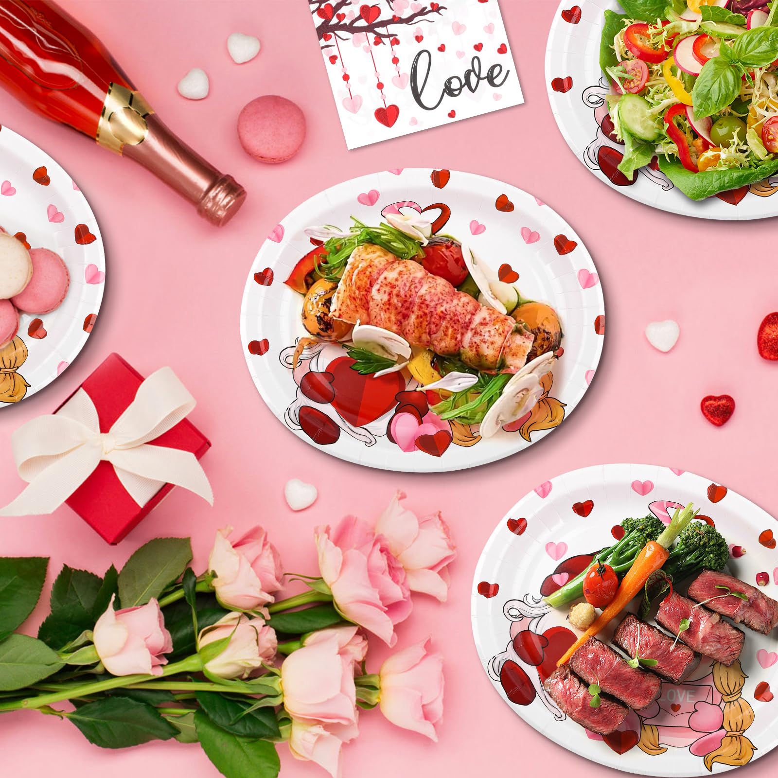 Fatlbsev 50Pcs Valentines Day Oval Paper Plates And Napkins Sets -10'' X 12'' Large Disposable Party Plates And 6.5'' Napkins Fo