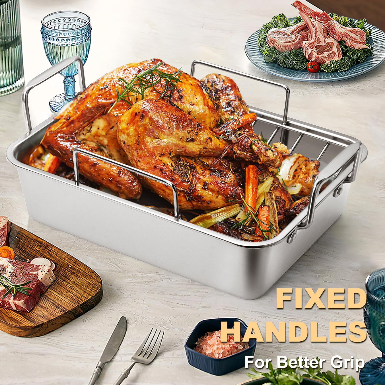 Roasting Pan, 14*10 Inch Stainless Steel Turkey Roaster With Rack - Deep Broiling Pan & V-Shaped Rack & Flat Rack, Non-Toxic & H