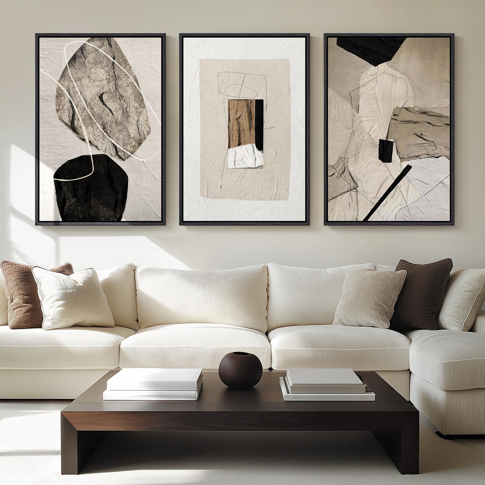 Large Framed Abstract Neutral Wall Art For Living Room, 3 Piece Black And Beige Canvas Artwork Contemporary Wabi-Sabi Painting G
