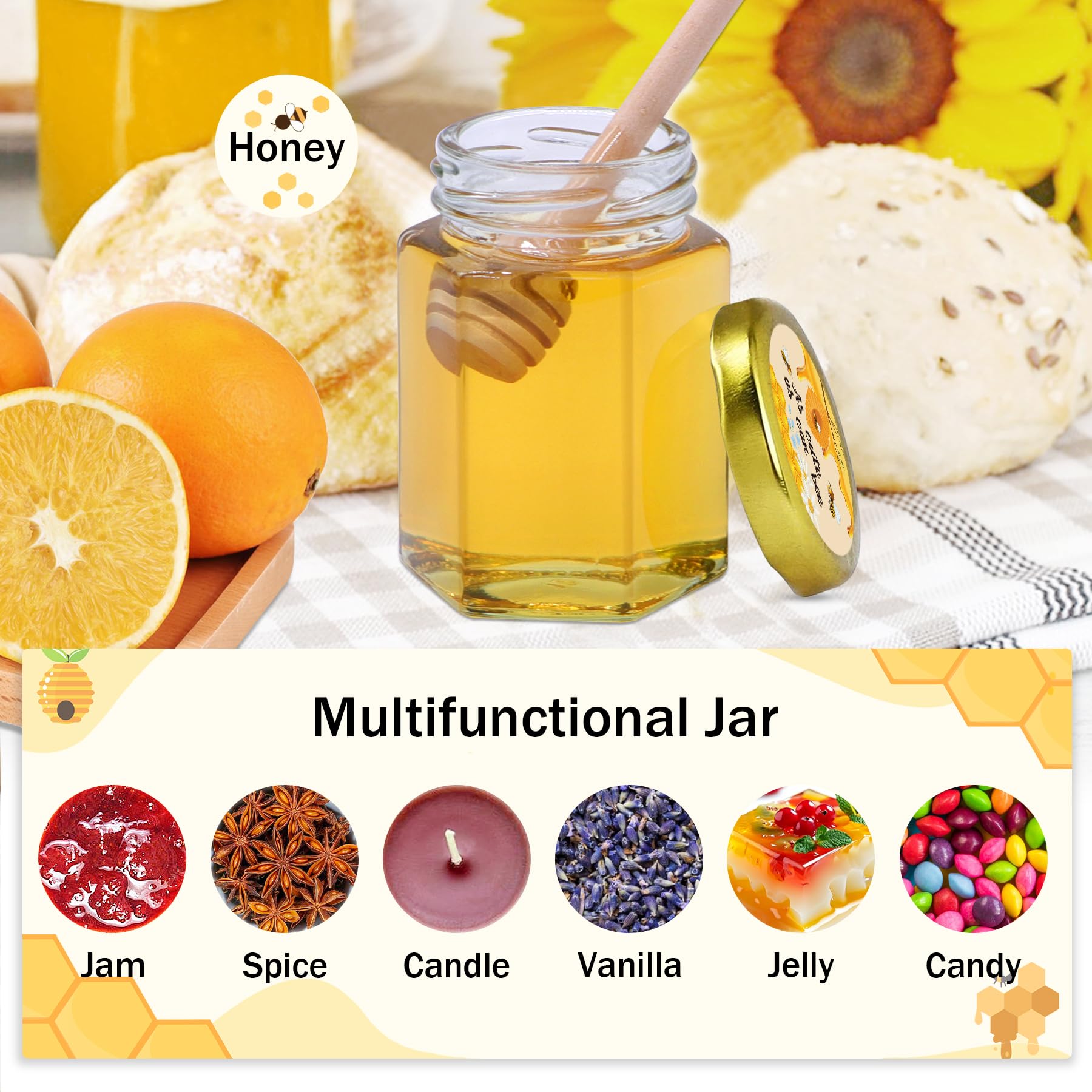 Aliggbent 35 Pack Small Honey Jars for Party Favors in Bulk, 4 oz Mini Hexagon Glass Honey Jars with Dippers, Lids, Cute Sticker