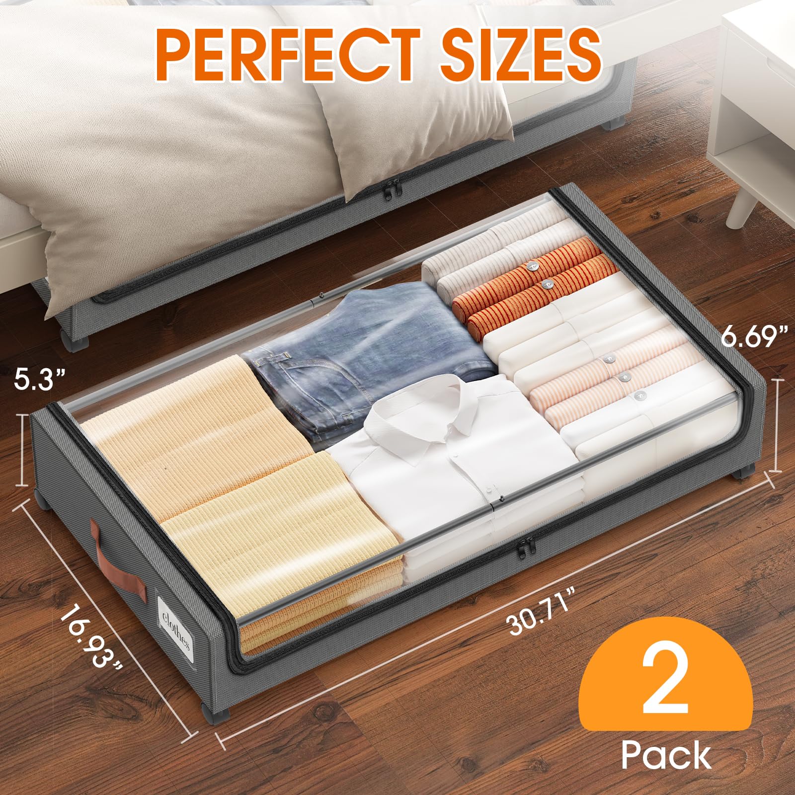 SpaceHacks Under Bed Storage with Wheels 2Pack Storage Containers with Clear Window&Label Under Bed Drawers Rolling Under Bed St