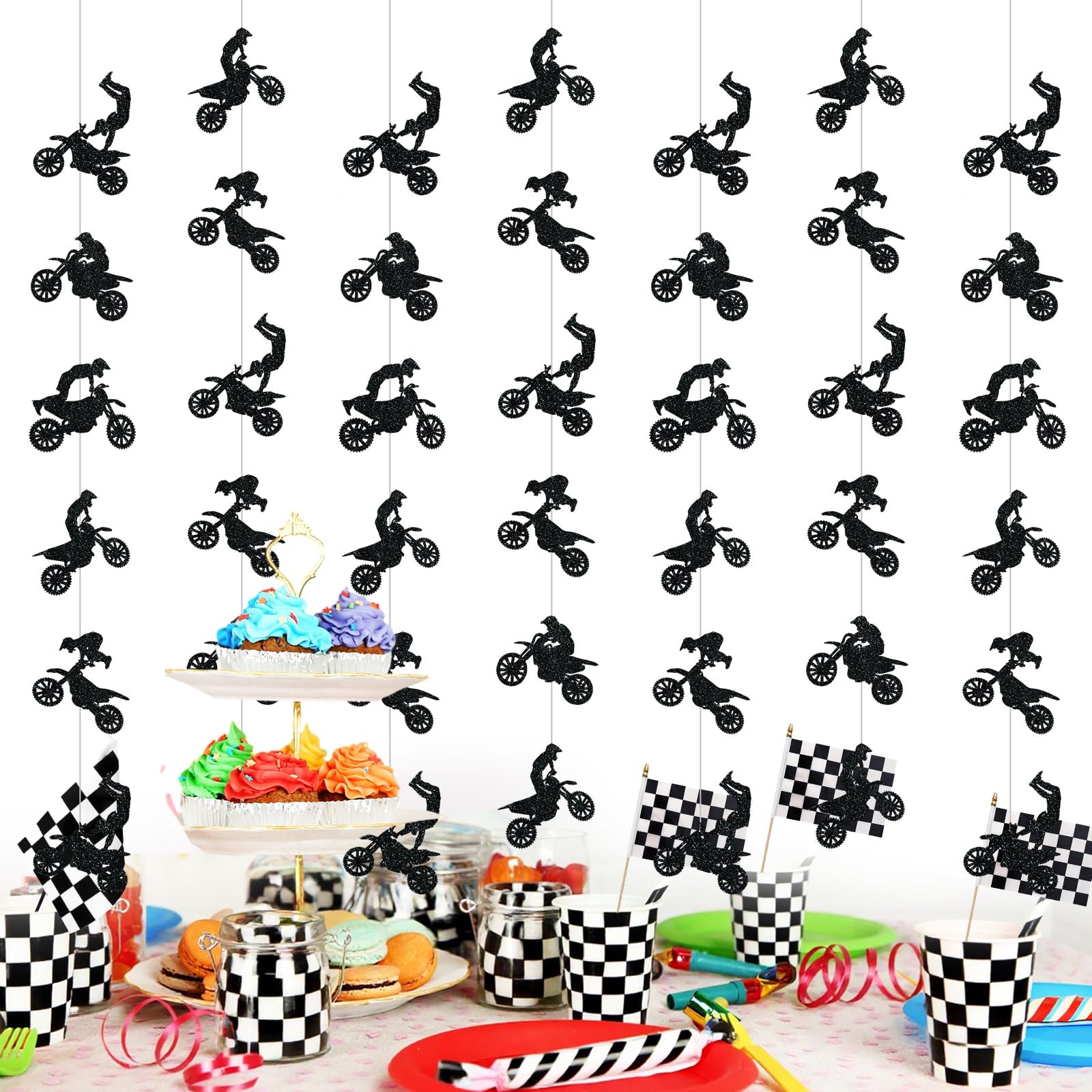 Pajean 8 Pcs Dirt Bike Birthday Party Decorations Motorcycle Garland Banner Motocross Party Banner Riding Ceiling Hanging Stream