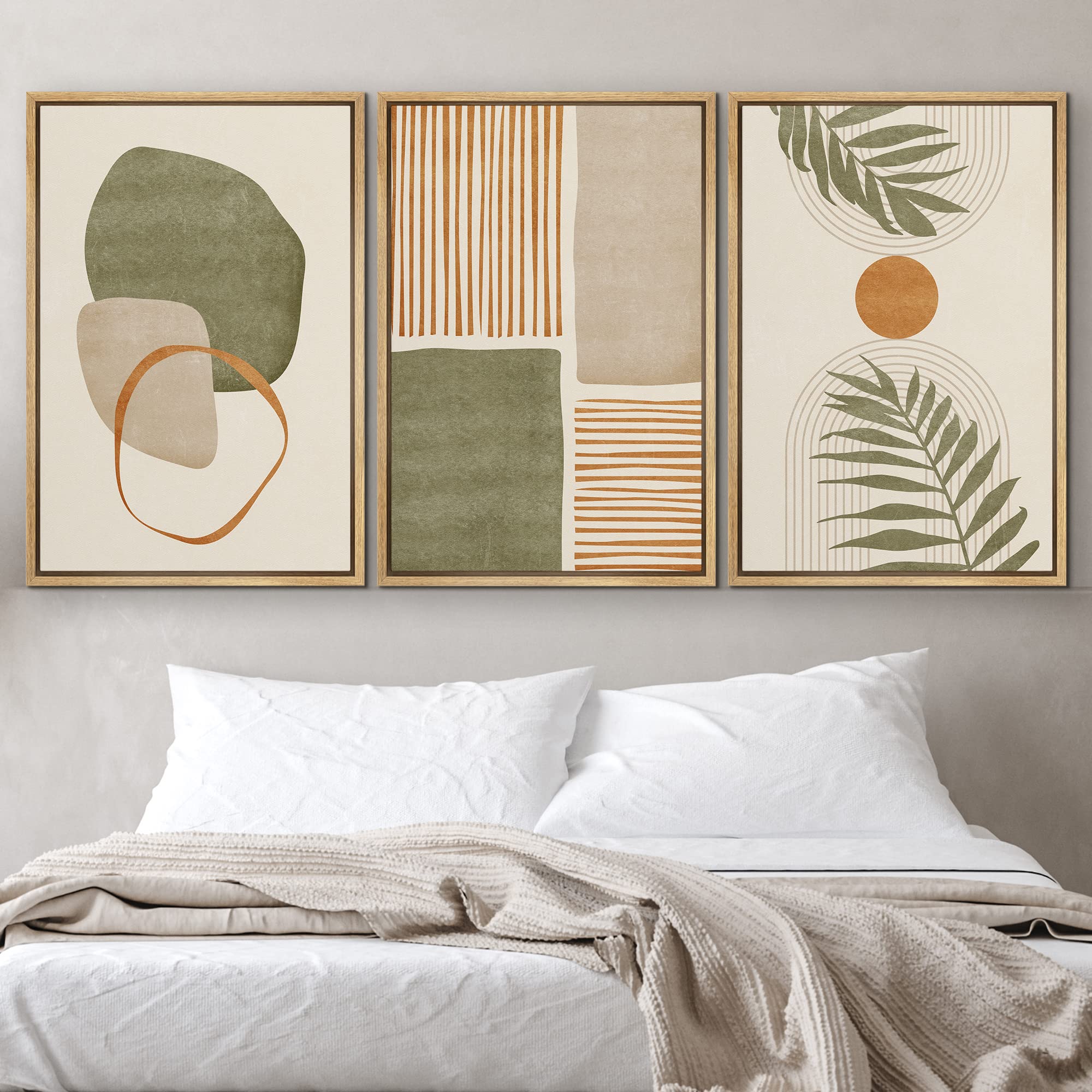 Idea4Wall Framed Canvas Print Wall Art Set Geometric Mid-Century Green Polygon Tropical Leaves Abstract Shapes Illustrations Mod
