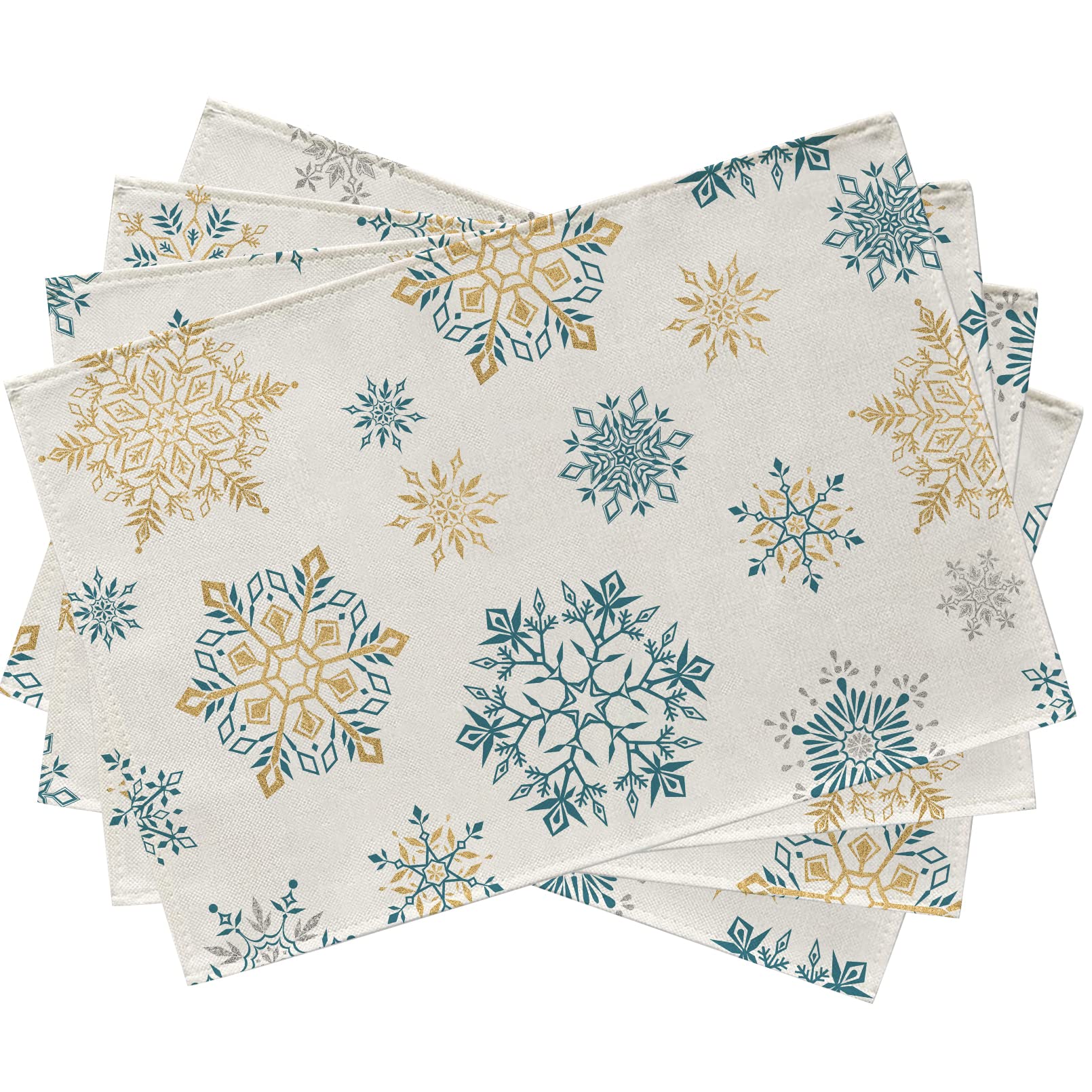 Seliem Winter Snowflakes Placemats Set Of 4, Gold Blue Tabletop Dining Table Place Mats Home Kitchen Decor, Seasonal Farmhouse R