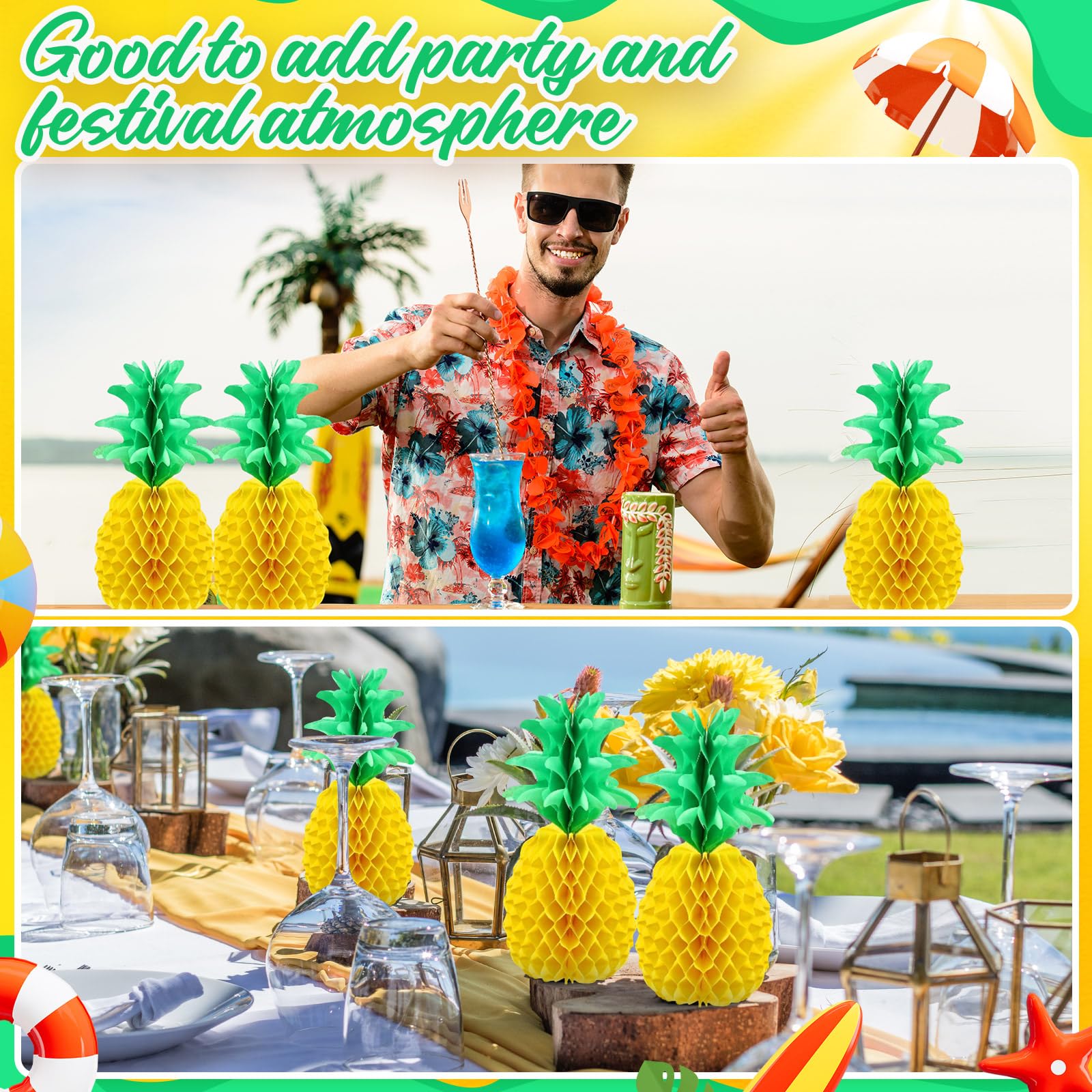 Blulu 20 Pcs 14 Inch Pineapple Honeycomb Centerpieces Tissue Paper Pineapple Table Hanging Decorations for Tropical Luau Hawaiia