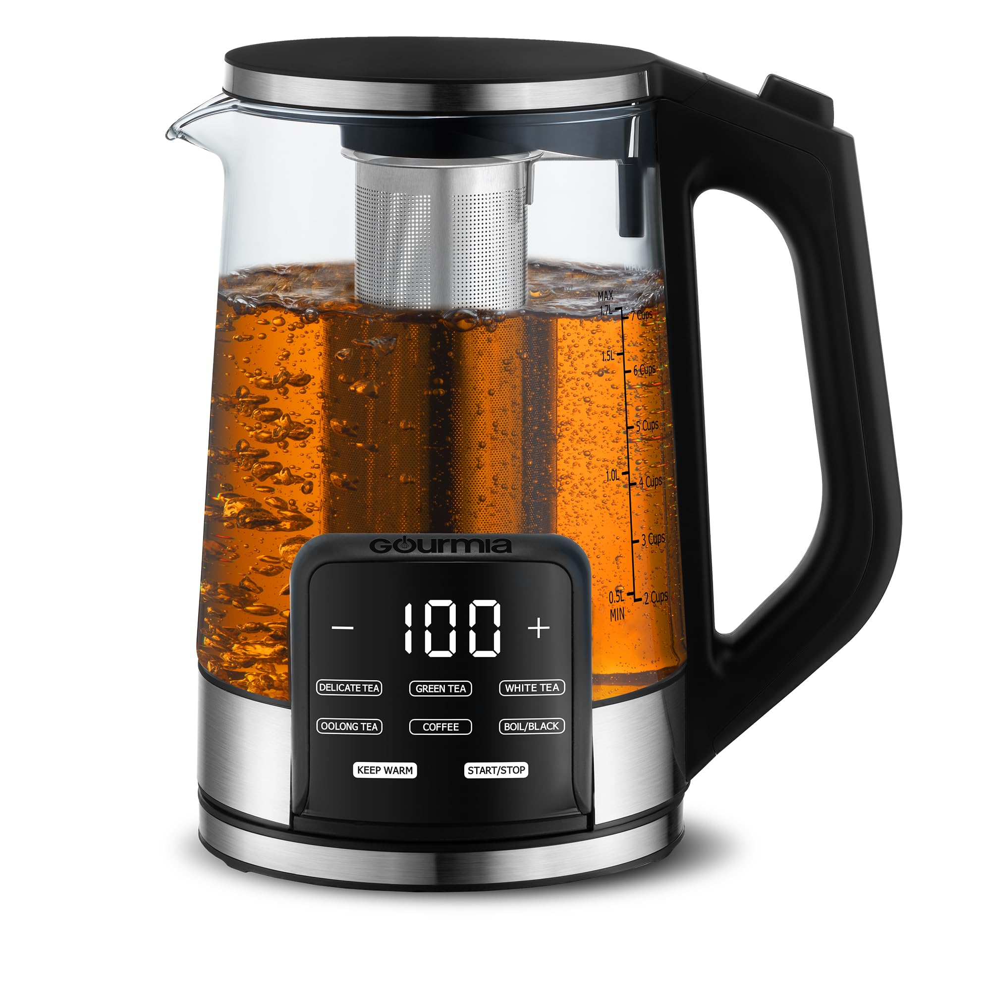Gourmia Electric Programmable Glass Kettle - 1.7L Temperature Control Tea & Coffee Kettle with Digital Touch Display, 6 Presets,