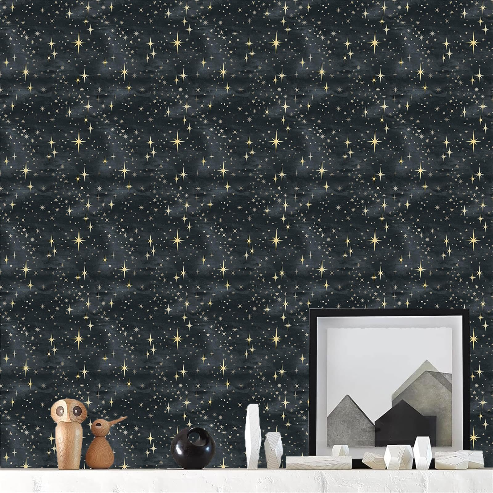 Black Peel And Stick Wallpaper Retro Star Wall Stickers Self Adhesive Wallpaper Yellow Starburst Contact Paper For Ceiling Decor