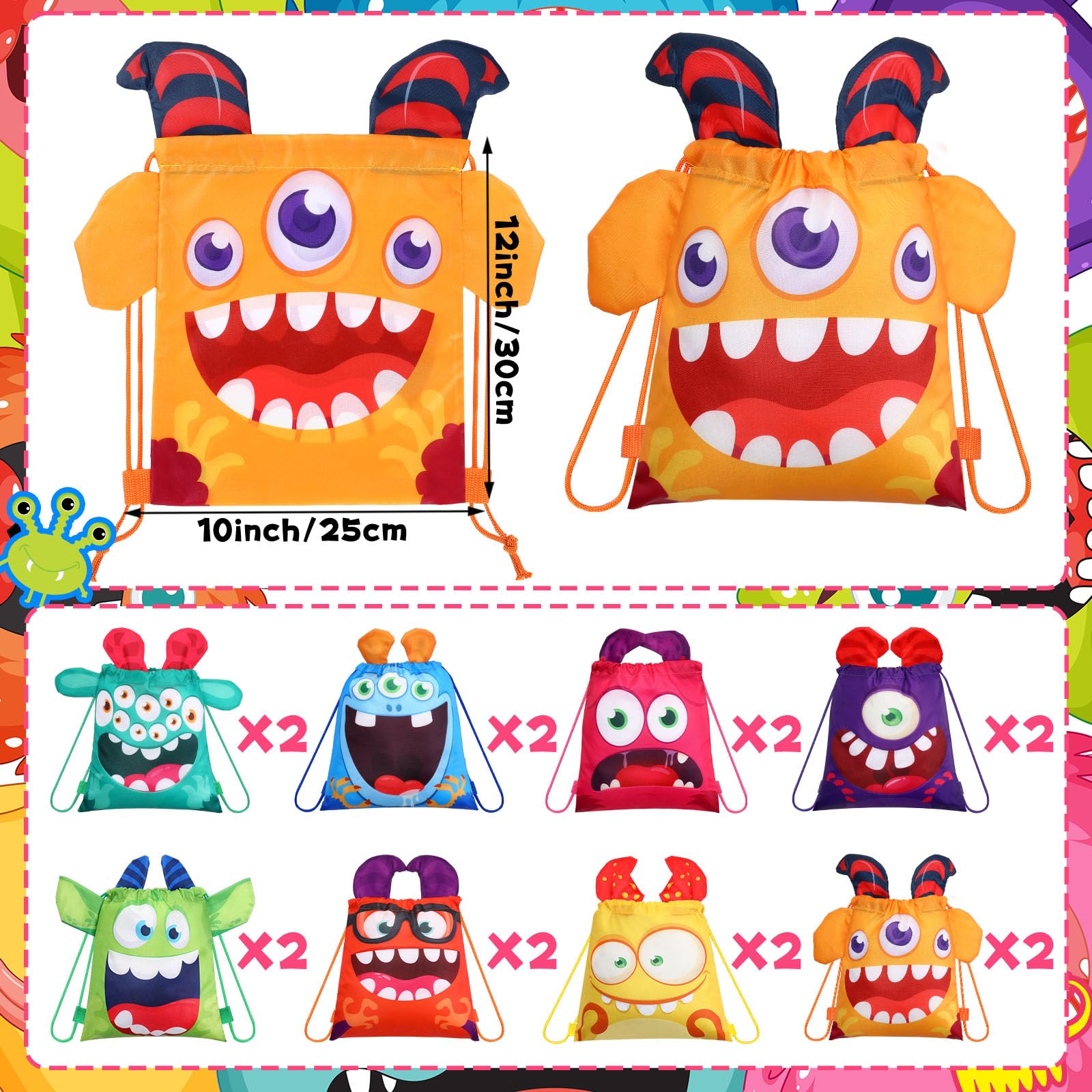 Hillban 16 Pcs Animal Drawstring Bags For Kids Party Favors Drawstring Backpack With Ear For Safari Birthday(Monster Style)