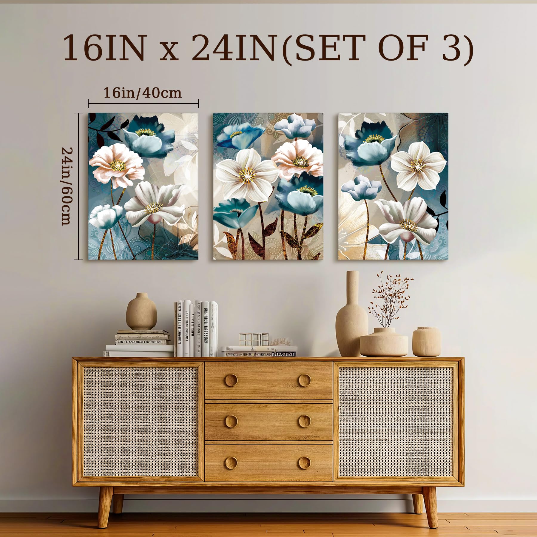 SERIMINO Lotus Flower Canvas Wall Decor Living Room White and Indigo Blue Floral Picture Wall Art for Dining Room Bedroom Bathroom Kitchen Prints Paintings for Home Decorations