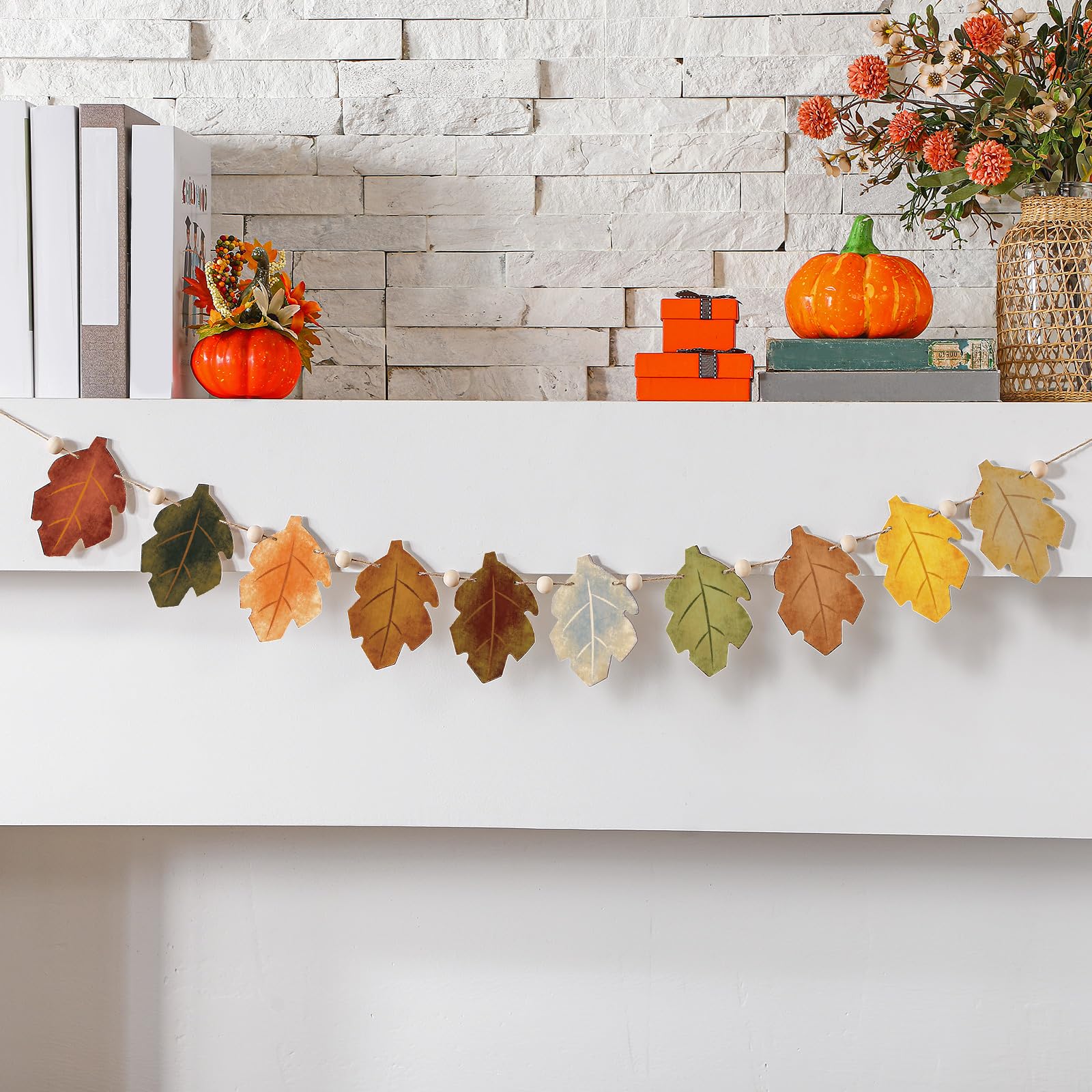 Cinnvoice 8.2 ft Fall Decorations Wooden Maple Leaf Garland Autumn Leaves Banner Multicolor Thanksgiving Banner Rustic Farmhouse