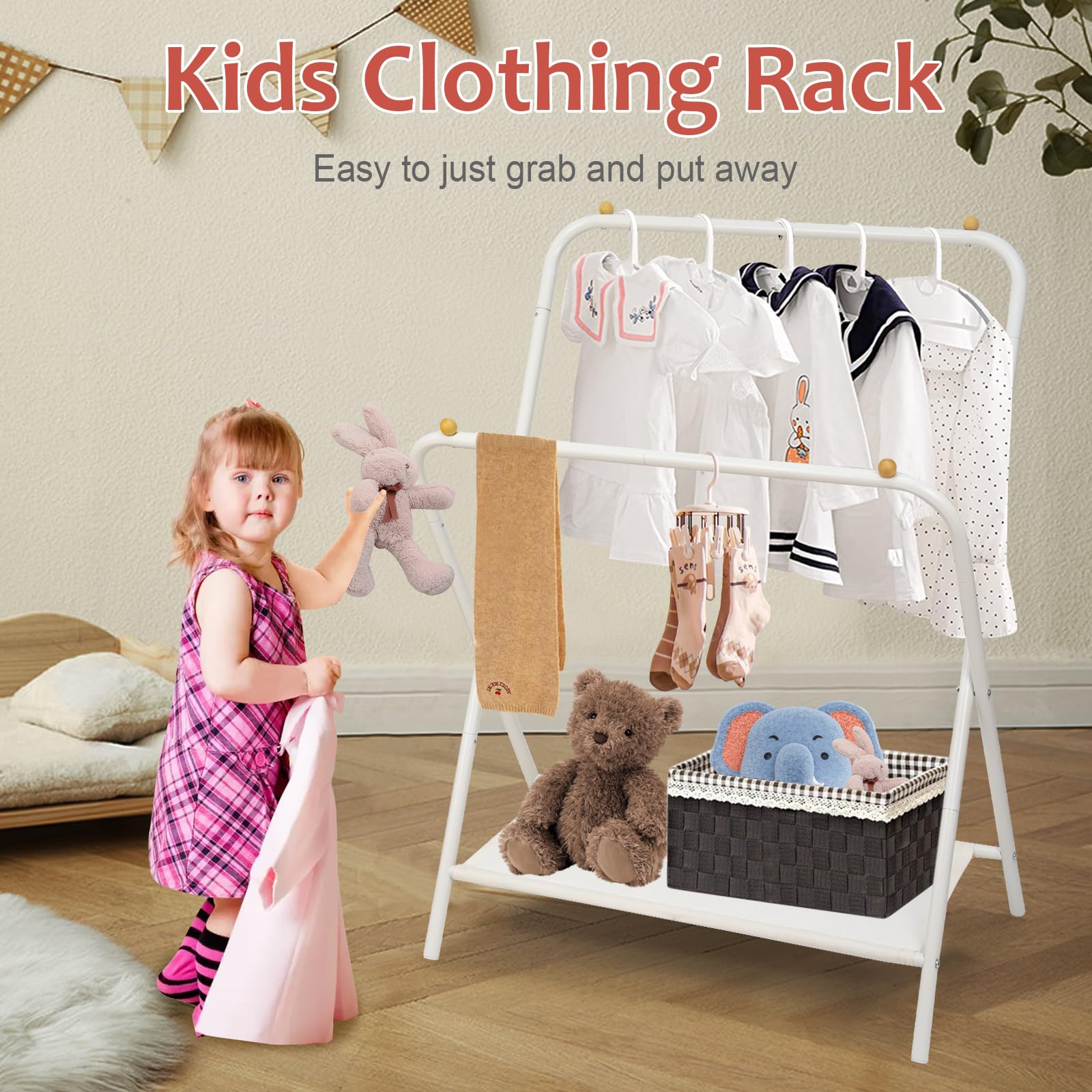 YGJT Kids Clothing Rack 2 Rods, Dress Up Storage for Little Girls with Bottom Storage Shelf, Cute Toddler Wardrobe Cloest Garmen