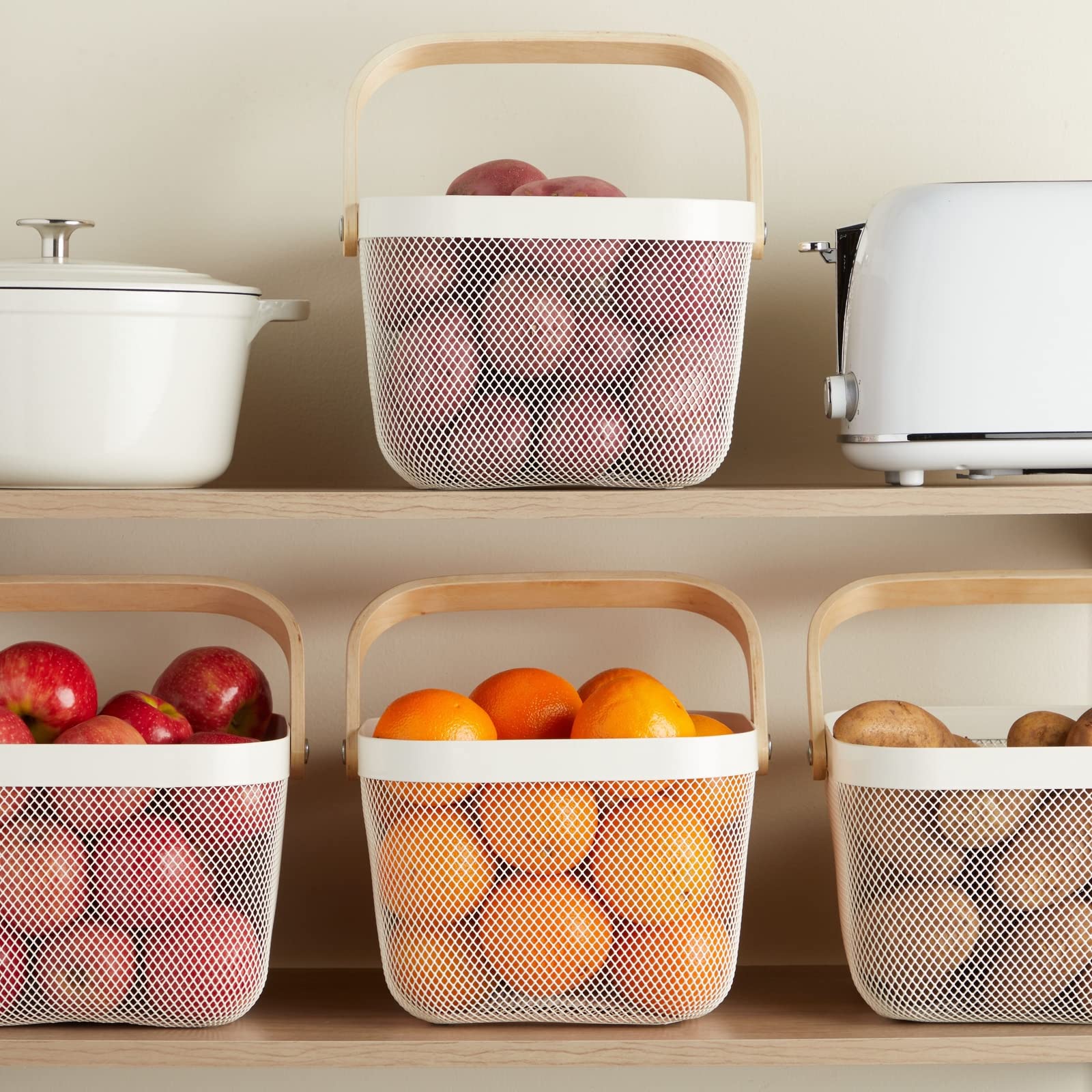 Juvale 4 Pack Square Metal Mesh Fruit Basket With Wooden Handle For Kitchen, Pantry Storage And Organization (9.5 X 7 In, White)