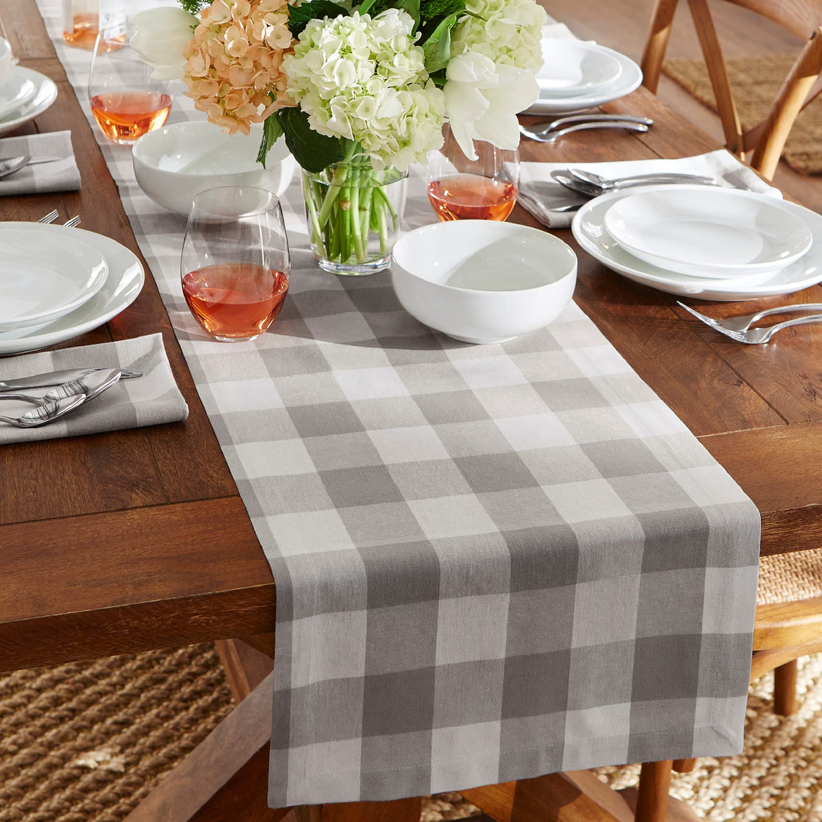 Elrene Home Fashions Farmhouse Living Buffalo-Check Table Runner, Rustic Kitchen And Table Linens, 13'' X 70'', Gray/White
