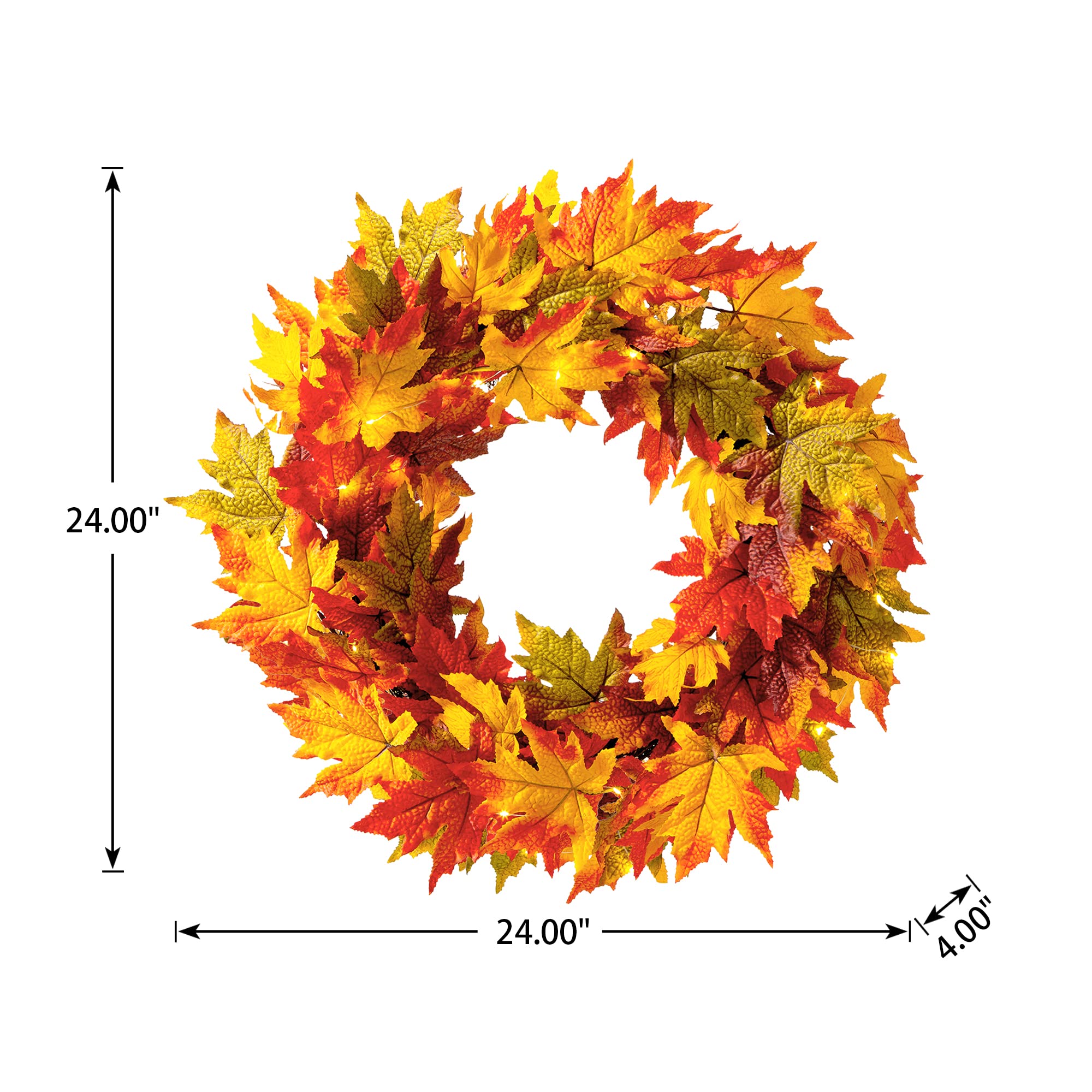Glitzhome 24 Inch Pre-lit Fall Wreath, Autumn Wreath for Front Door, Lighted Maple Leaves Wreaths with Timer for Thanksgiving Ha