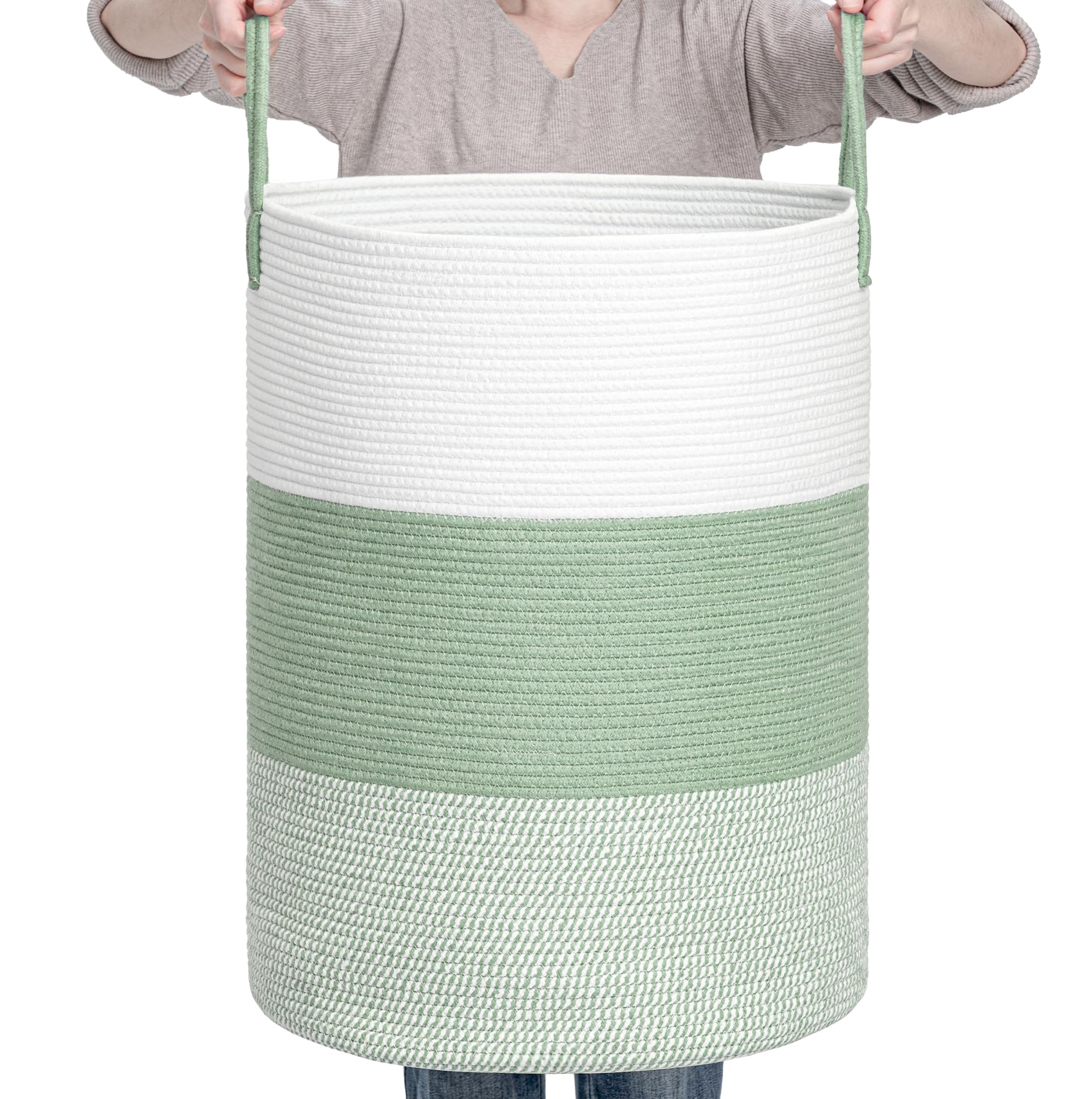 Clhmily&Z 80L Laundry Basket Round Storage Rope Basket - 16.5X22.5 Inches - Green Hamper In Bedreoom And Cute Storage Bin For Bl