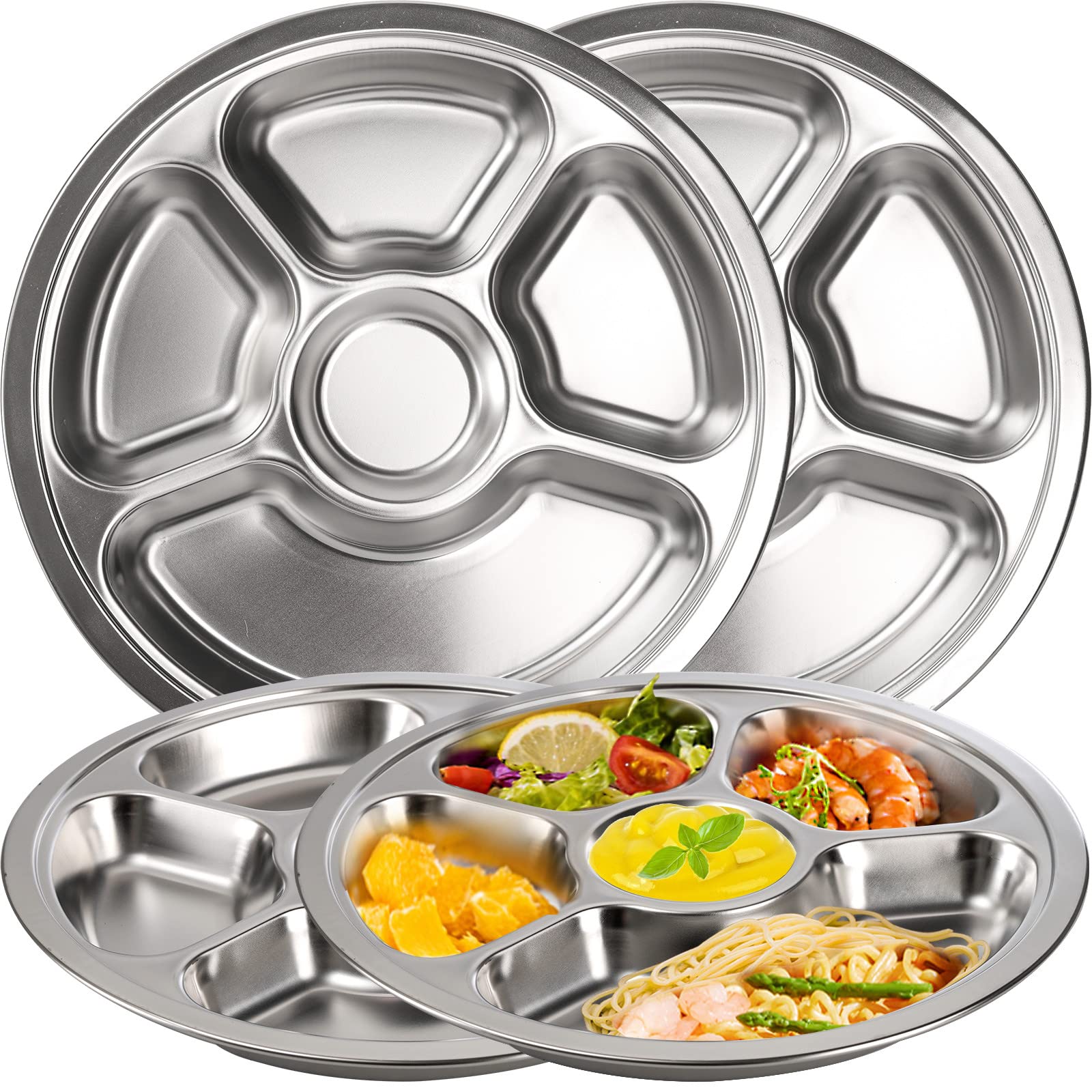Zoofox Set Of 4 Stainless Steel Divided Dinner Plate, Stainless Steel Plates With 5 Sections, Round Serving Platter, Cafeteria M