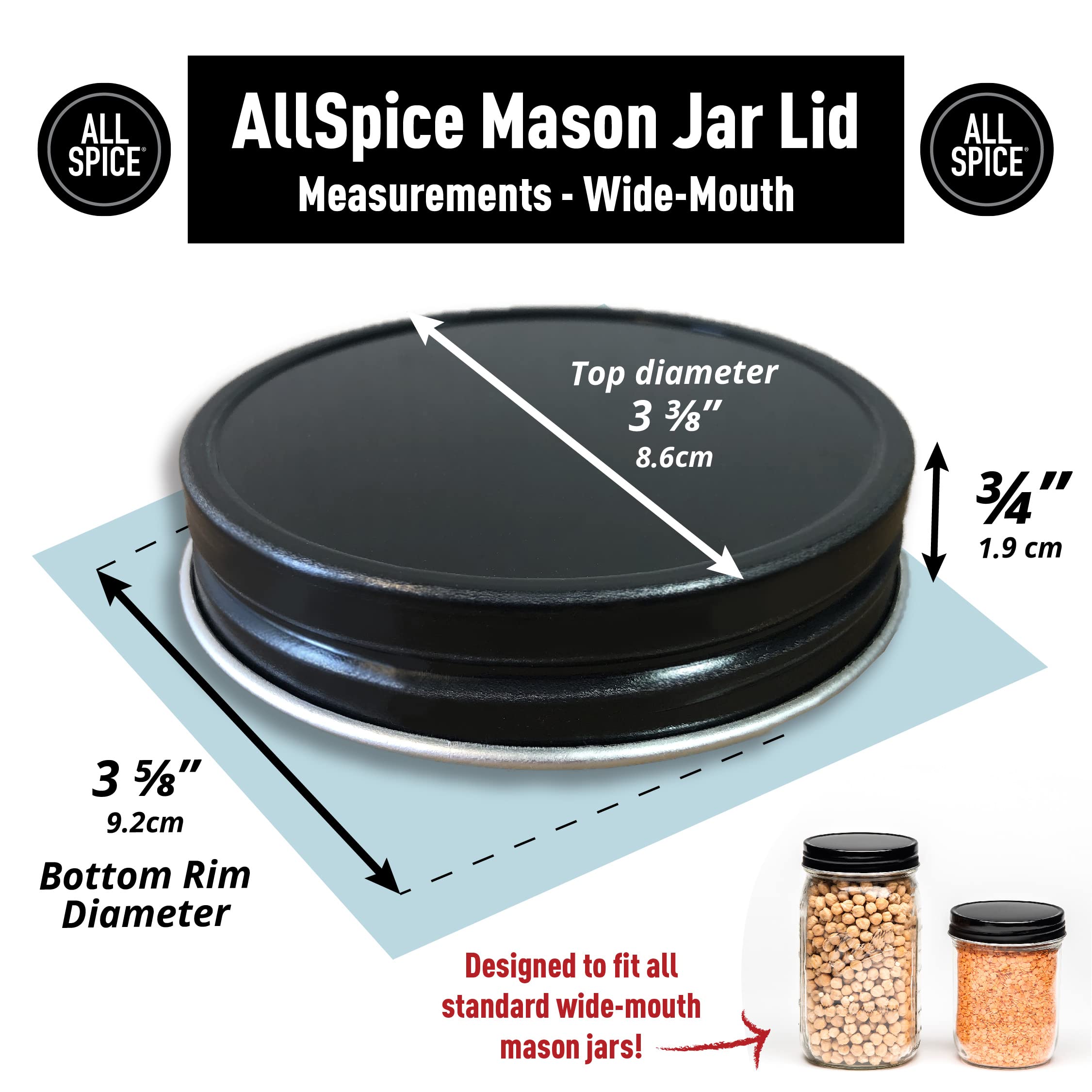 Allspice Rust-Proof Wide Mouth Aluminum Metal Mason Jar Lids Leak-Proof 12-Pack (Black)