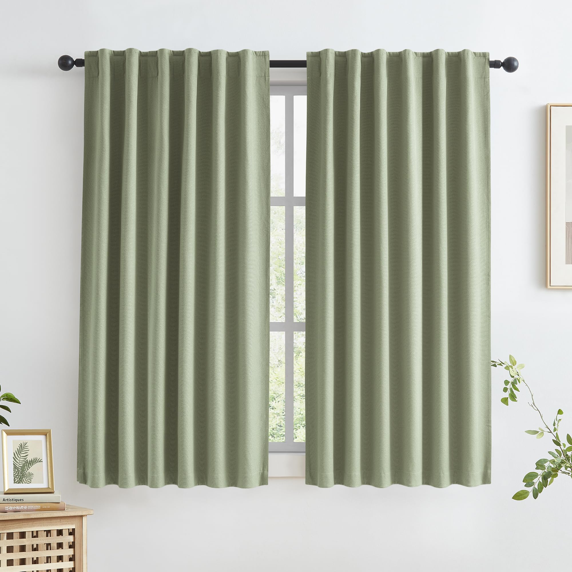 KEQIAOSUOCAI Sage Green Blackout Linen Curtains for Kitchen Doors 45 Inches Long, Back Tab Hook Belt Short Cafe Farmhouse Drapes
