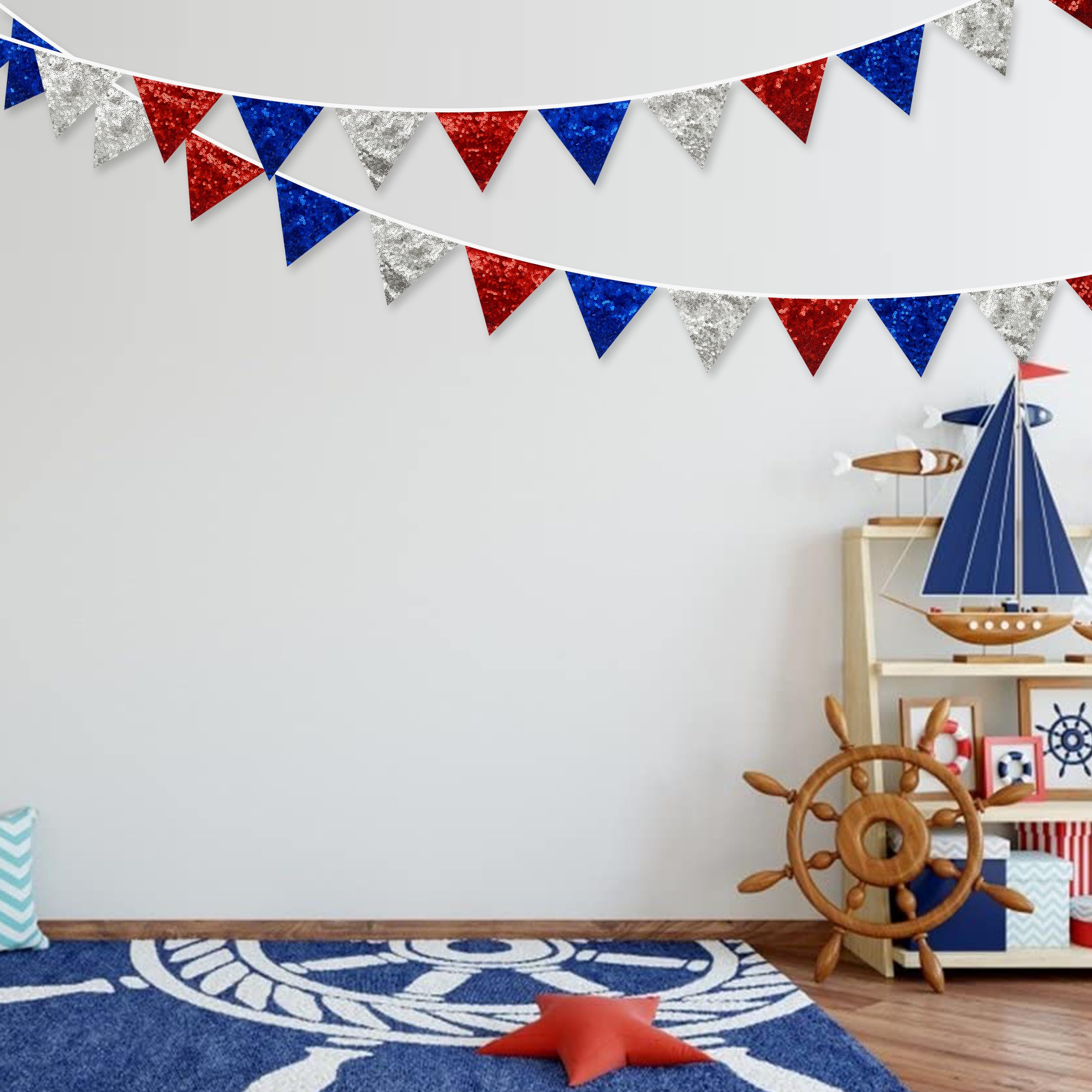 Pinkblume Red Blue Silver Decorations Double Sided Sequin Fabric Triangle Pennant Banner Flag Bunting Garland For Nursery Classr