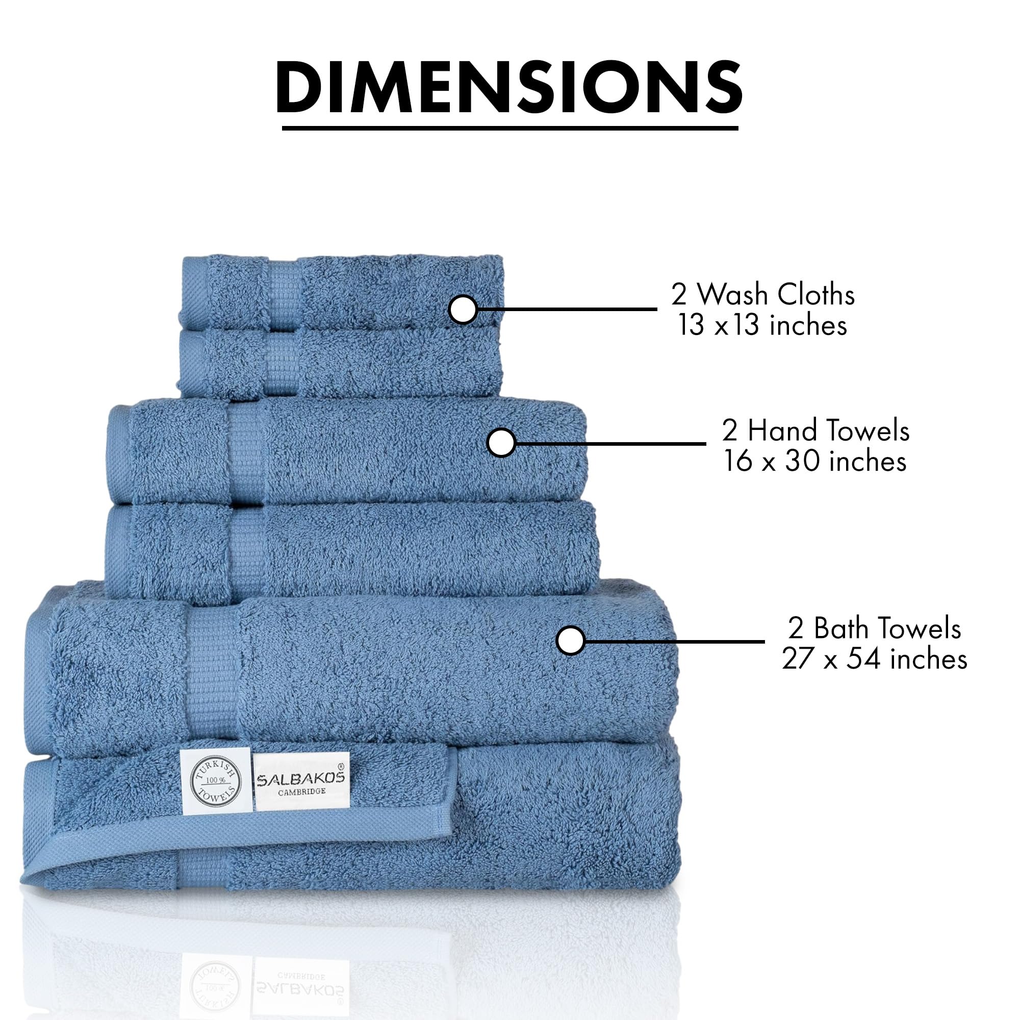 Salbakos - Luxury 6 Piece Towel Set, 100% Turkish Cotton, Quick Drying, Highly Absorbent & Comfy, Includes 2 Bath Towels, 2 Hand