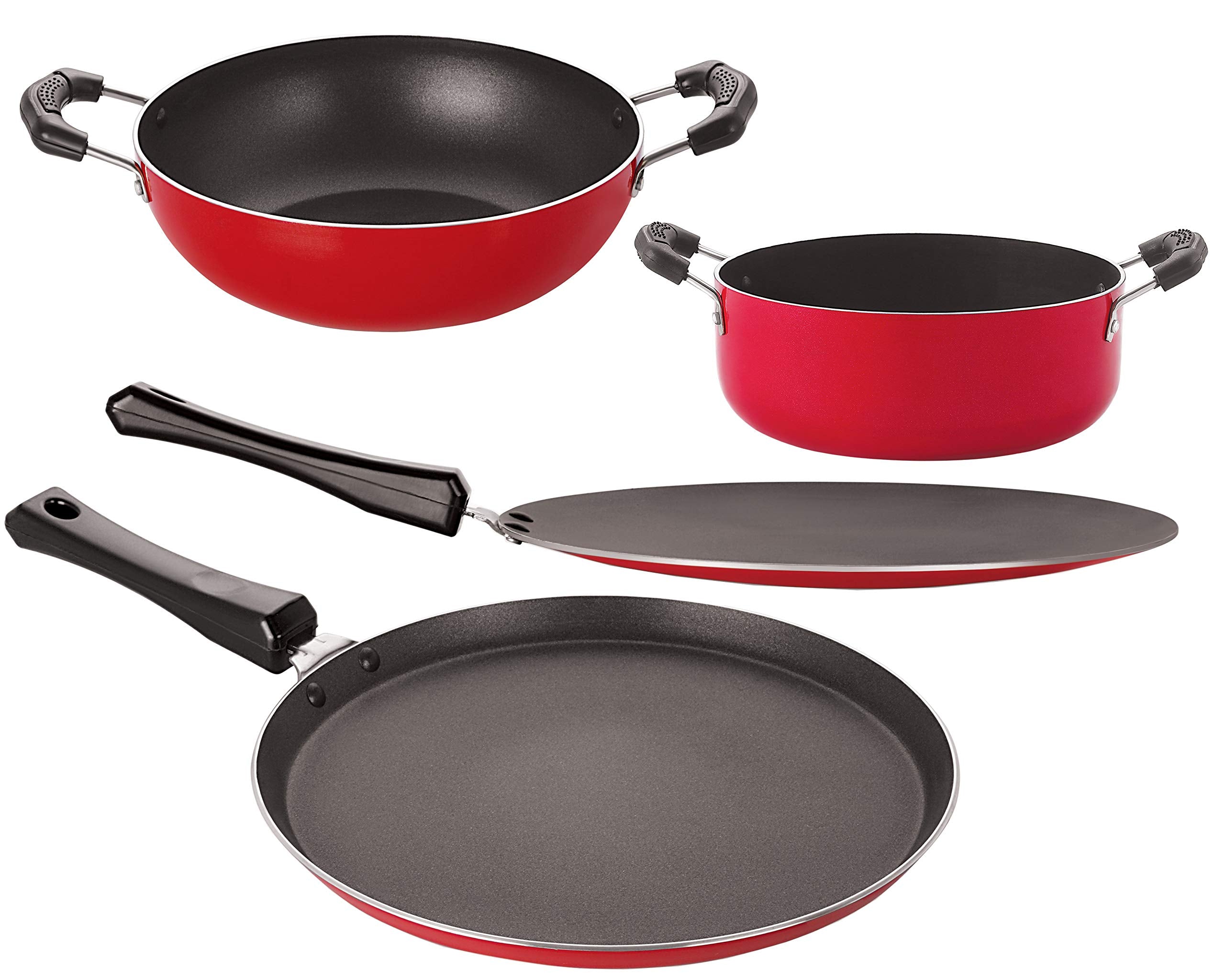 Nirlon NonStick Aluminum Cookware Set, 4Piece, Red And Black (2.6Mm_Ft12_Ct_Kd12_Cass22)