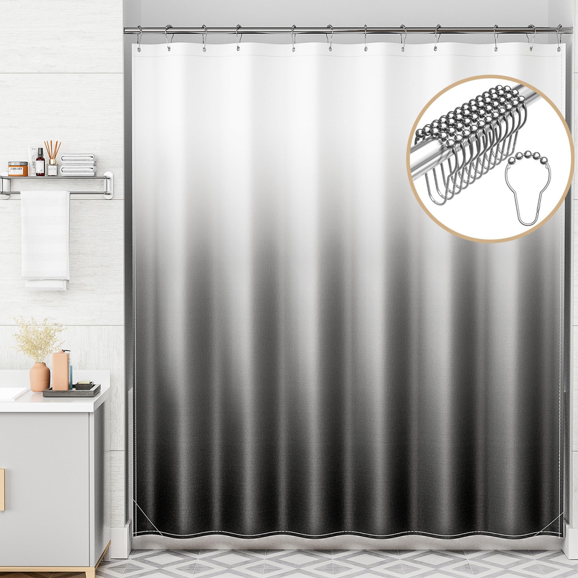 AmazerBath Shower Curtain Sets  Cloth Ombre Black Shower Curtain with 12 Shower Curtain Hooks  Washable Fabric Black and White Shower Curtain  Rustic Farmhouse Bathroom Shower Curtain  72x72 Inches