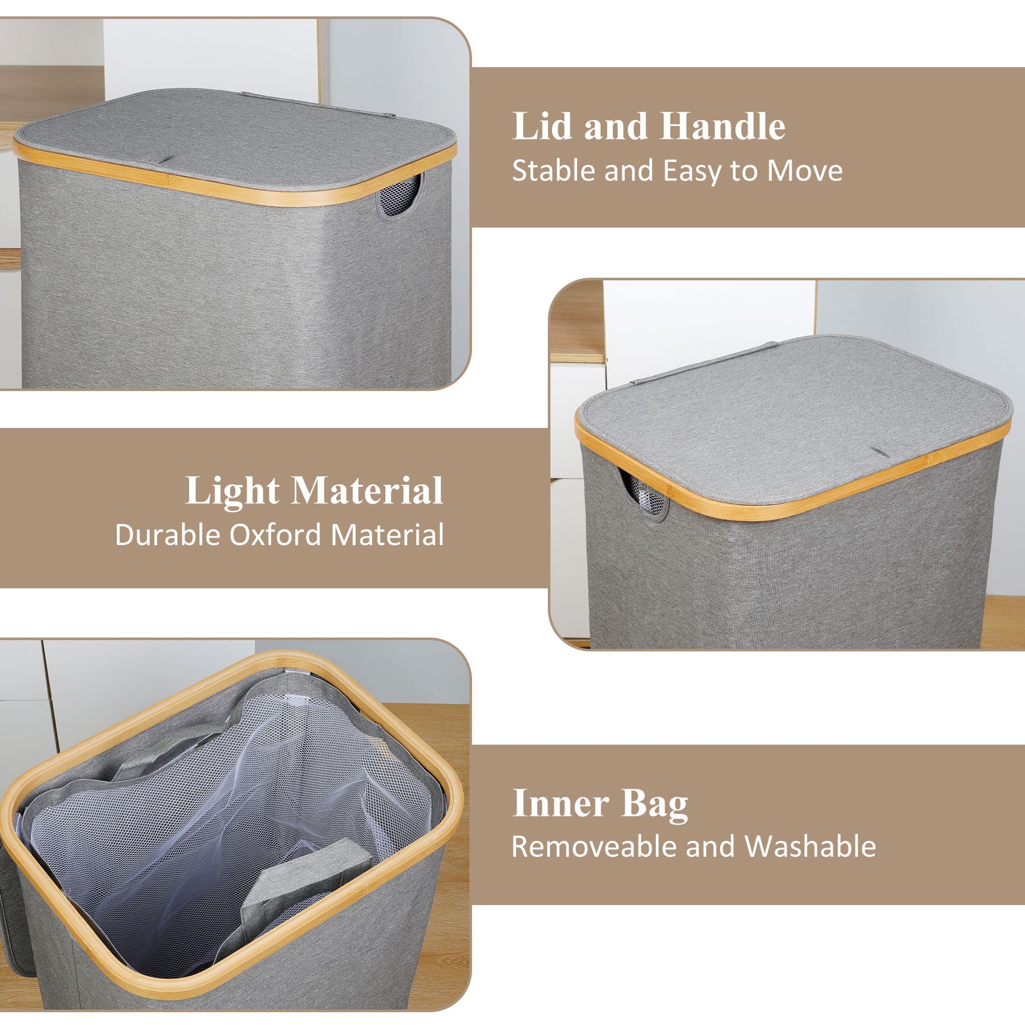 iEGrow Laundry Hamper with Lid  110L Large Laundry Hamper with Handle and Lid  Collapsible Clothes Basket Organizer with Removable Inner Bag for Clothes Toys Towels - Grey