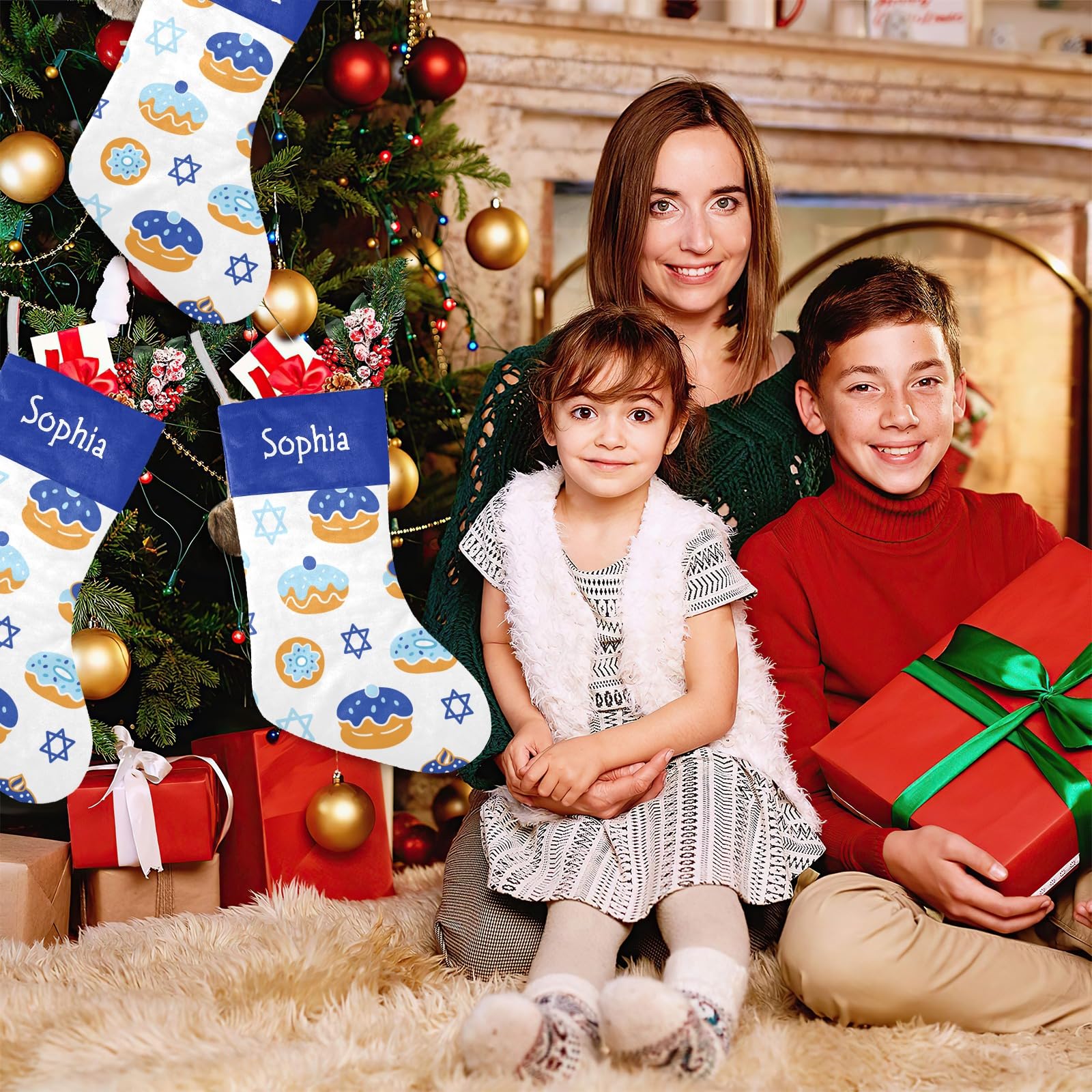 SunFancyCustom Hanukkah Donut Pattern Christmas Stockings Personalized Holiday Xmas Party Gift Bag Socks Home Decor 17.52 x 7.87