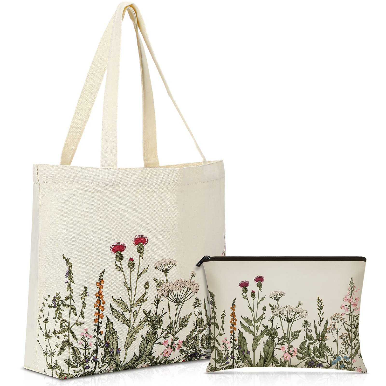 Sadnyy 2 Pcs Wildflower Canvas Tote Bags For Women Cute Aesthetic Floral Makeup Bags End Of School Year Gift For Students Teache
