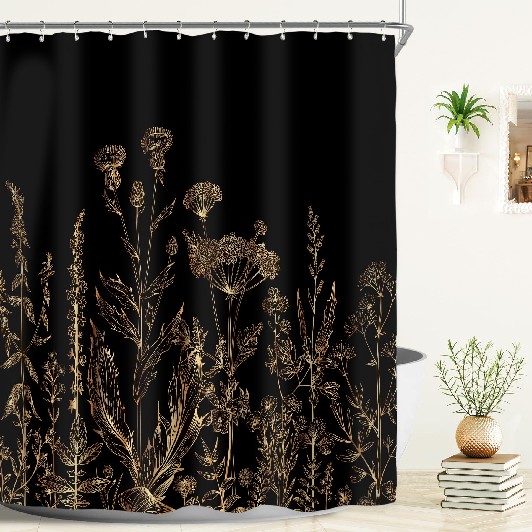 Riyidecor Black Gold Dark Floral Wildflower Shower Curtain For Bathroom Decor 60Wx72H Vintage Flower Botanical Rustic Farmhouse