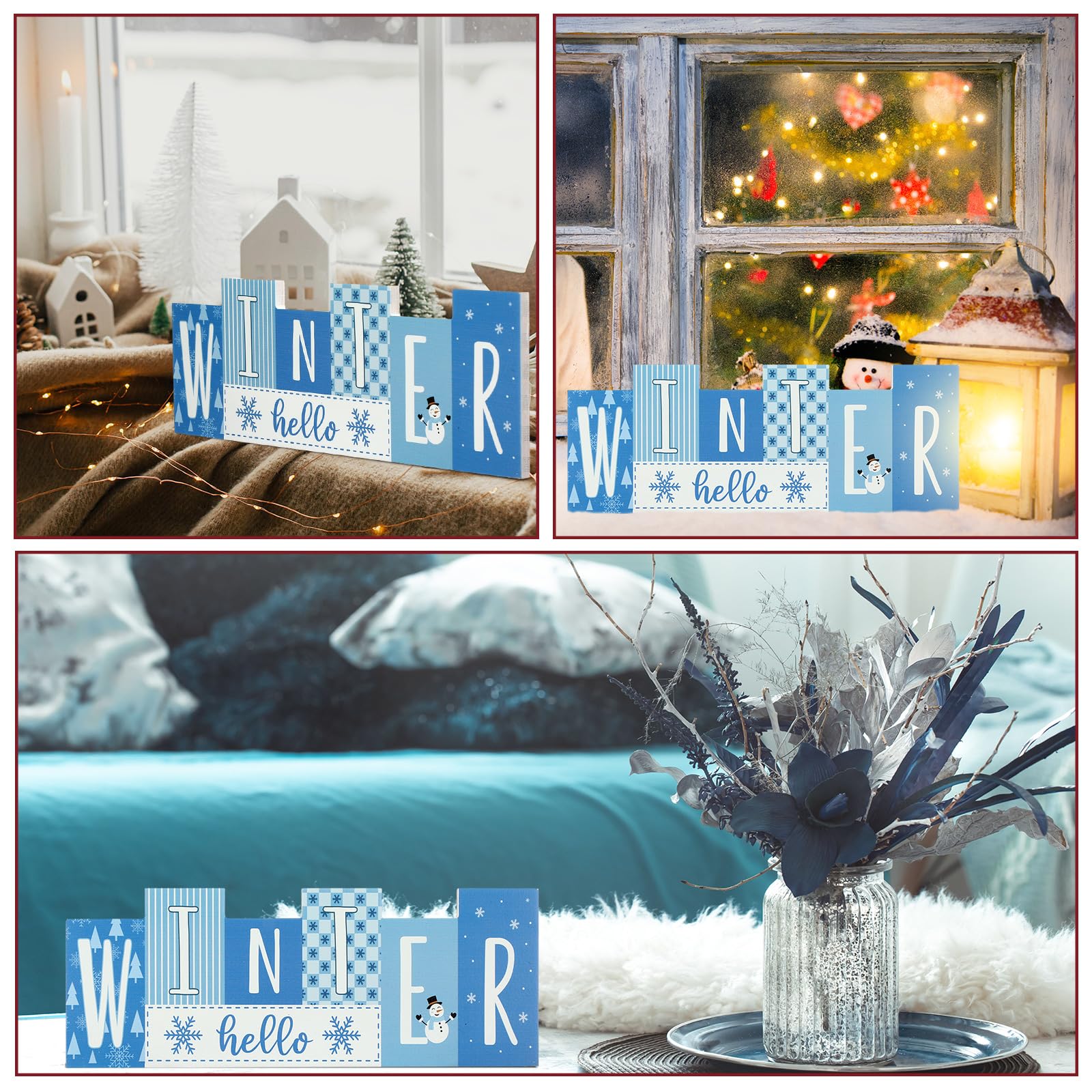 Purpeak Reversible Christmas Wooden Table Sign Double Side Table Centerpieces Xmas Tabletop Sign Merry Christmas Hello Winter Wo