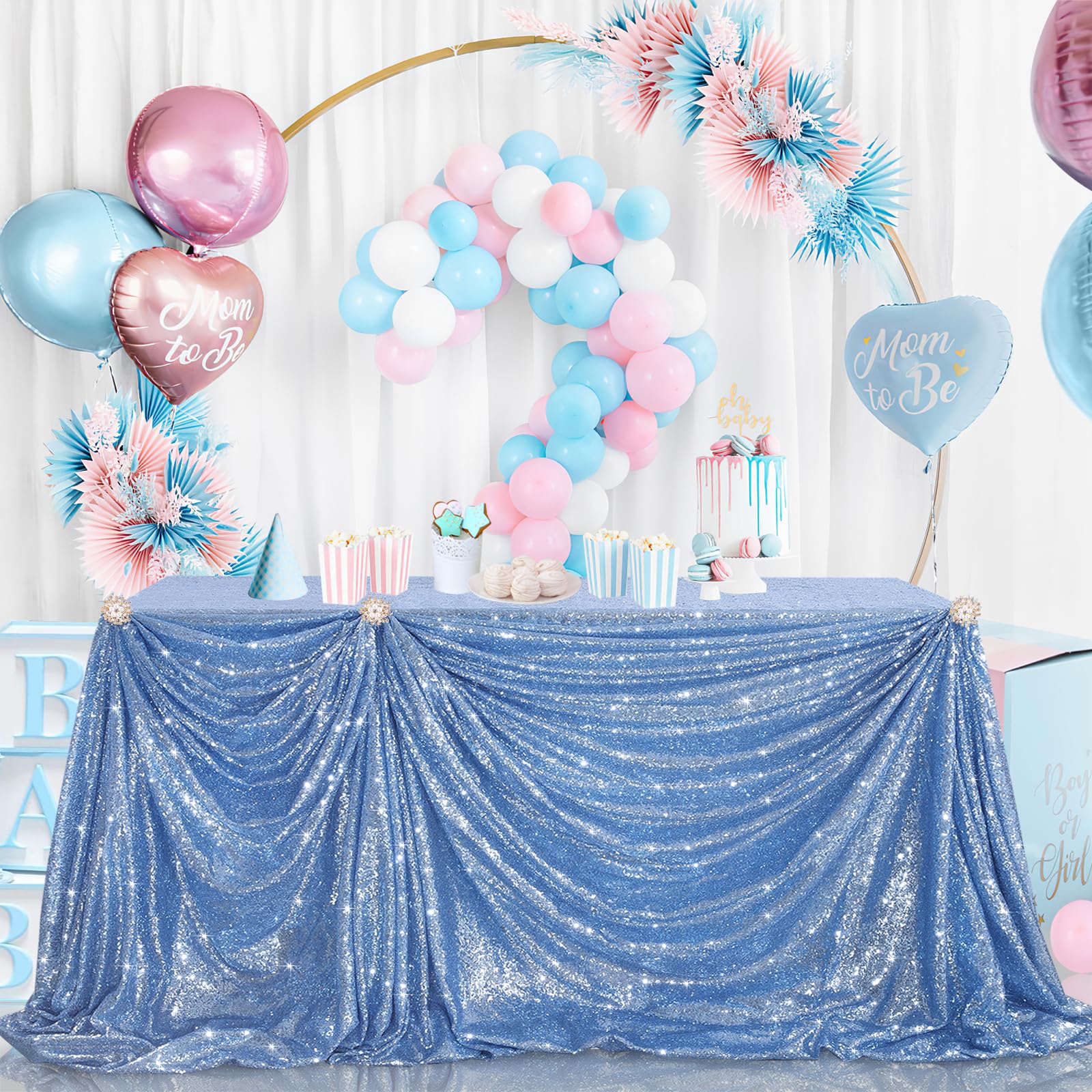 B-COOL Sequined Tablecloth 90x90inch Baby Blue Table Cloth Shimmer Square Drape Table Linens for Wedding and Event Banquet