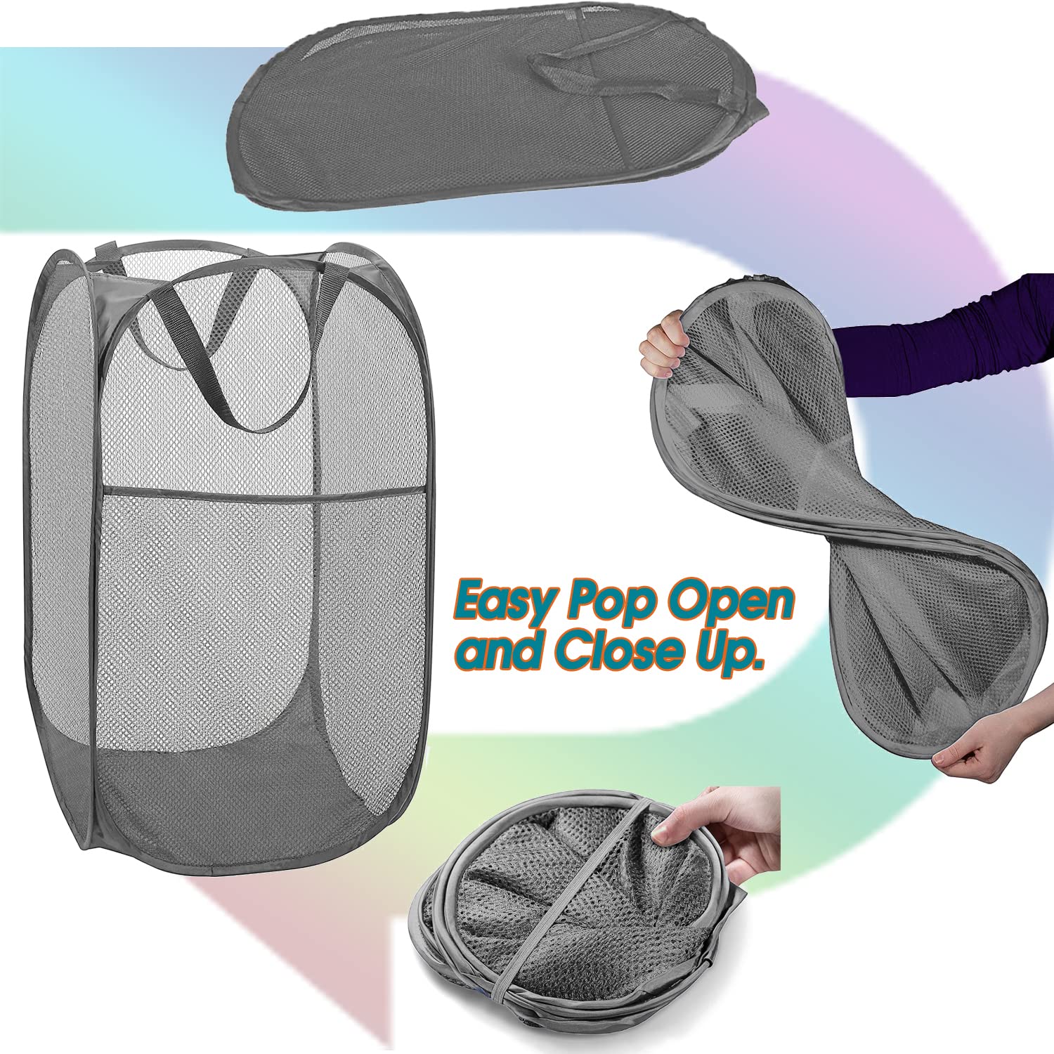 Deluxe Strong Mesh Pop up Laundry Hamper Basket with Side Pocket for Laundry Room  Bathroom  Kids Room  College Dorm or Travel Grey