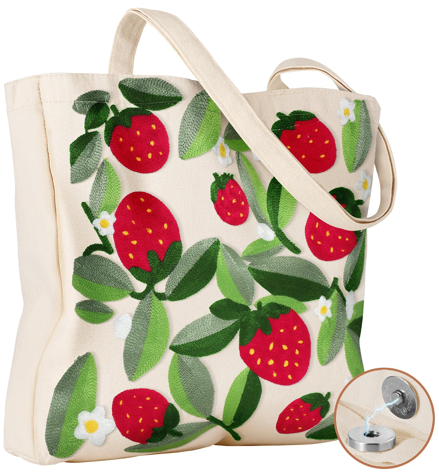 Miss Adola Aesthetic Embroidery Tote Bag for Women - Reusable Canvas Cloth Shoulder Bag with Cute 3d Leaf Strawberry Floral Embr