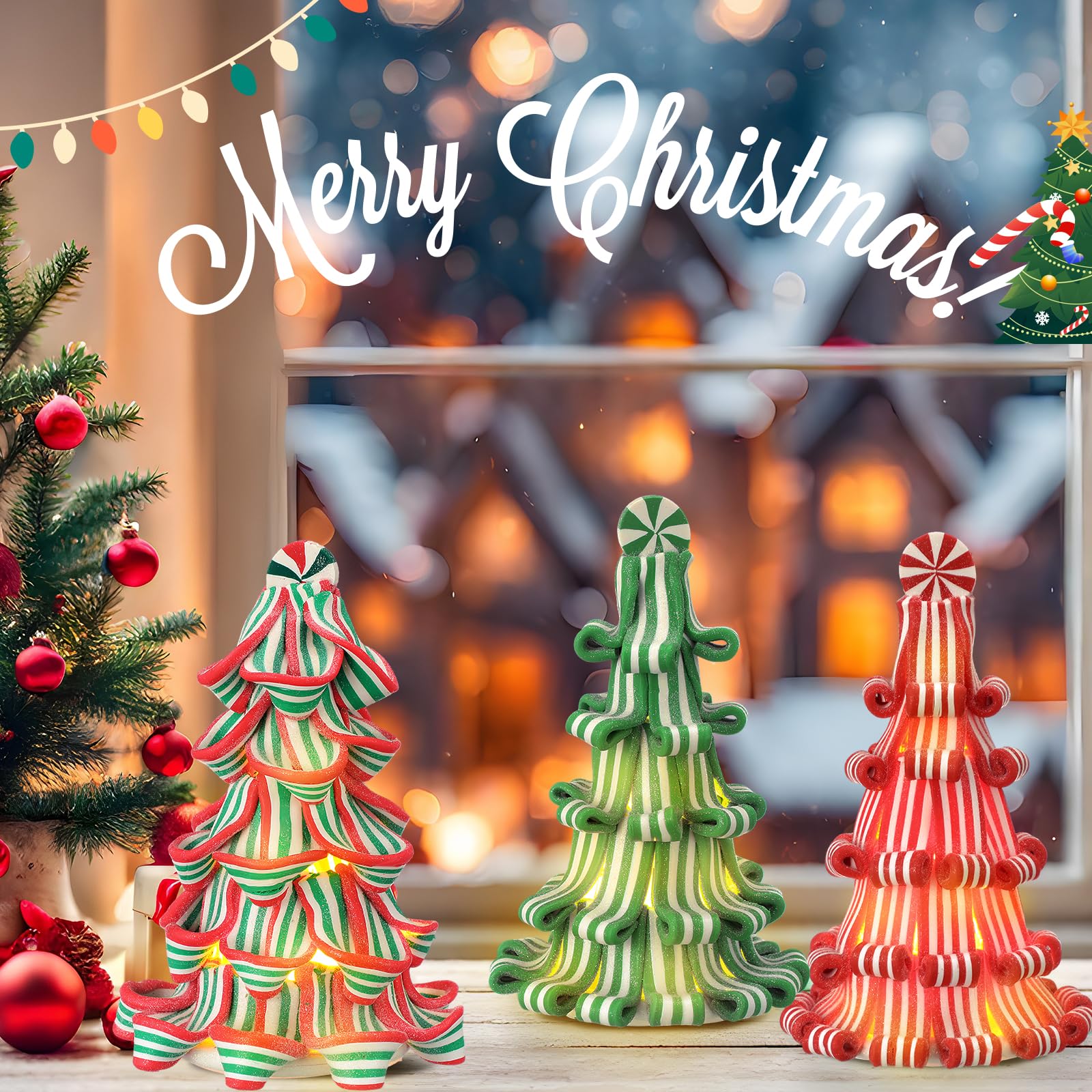 Suzile 3 Pcs Christmas Ribbon Candy Tree Tabletop Decor 7 Inches Mini Light up Resin Clay Peppermint Tree for xmas Home Table Ma